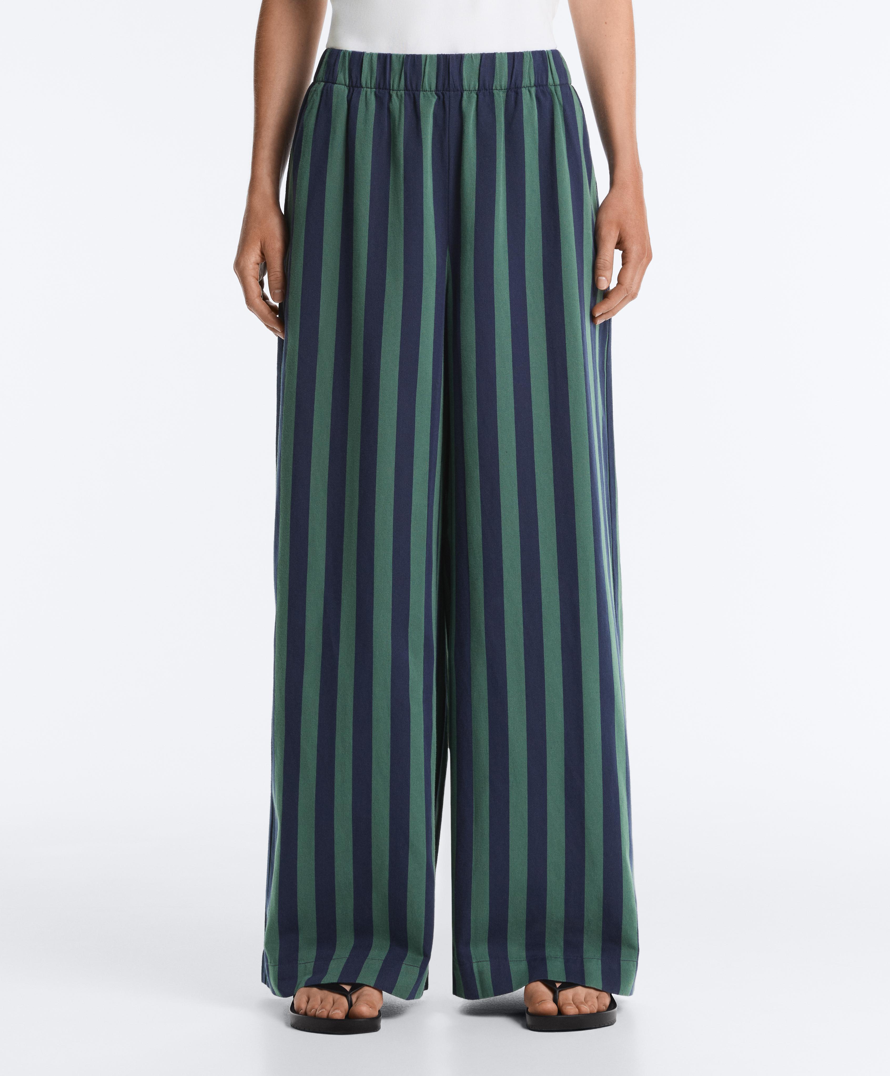 Wide-leg cotton blend striped trousers — GREEN