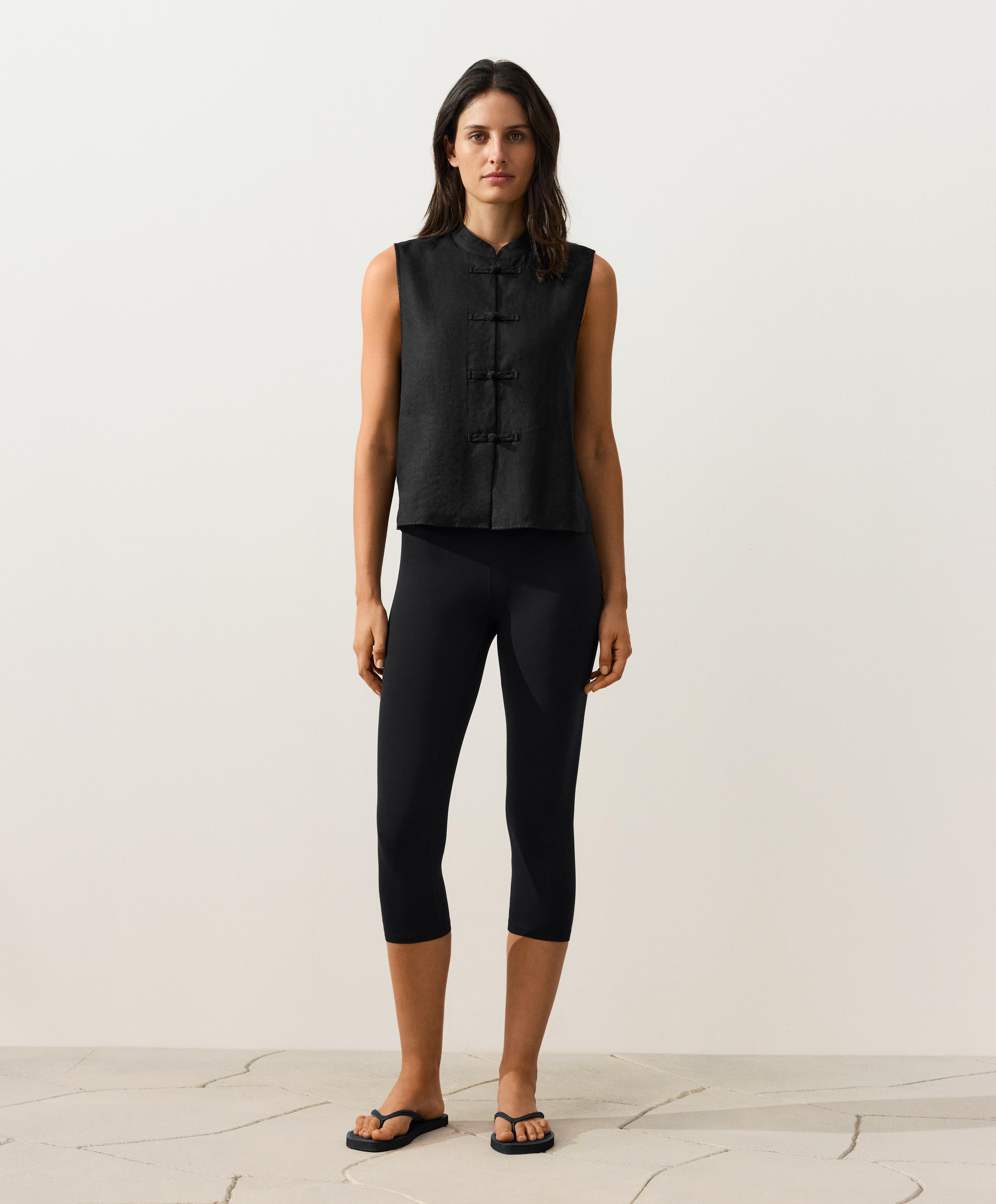 100% linen sleeveless stand-up collar shirt — BLACK