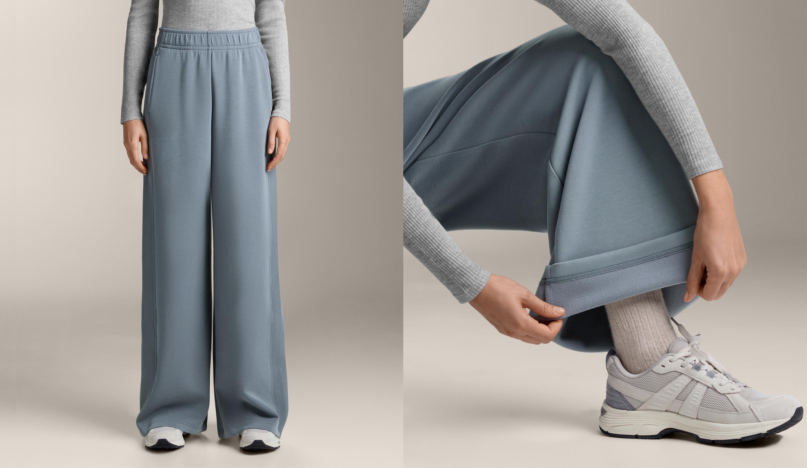 Rechte wijde broek met rib aan de zijkant en geborstelde modal Rechte wijde broek met rib aan de zijkant en geborstelde modal