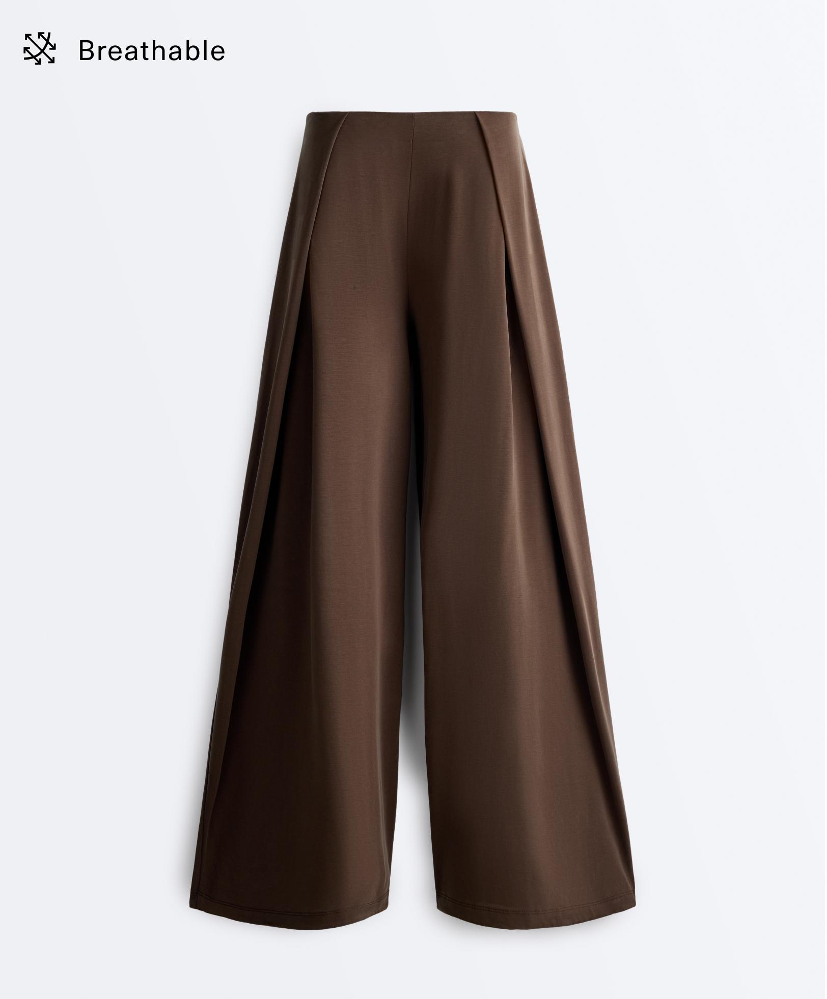 Modal blend straight-leg trousers with side pleat — DARK BROWN