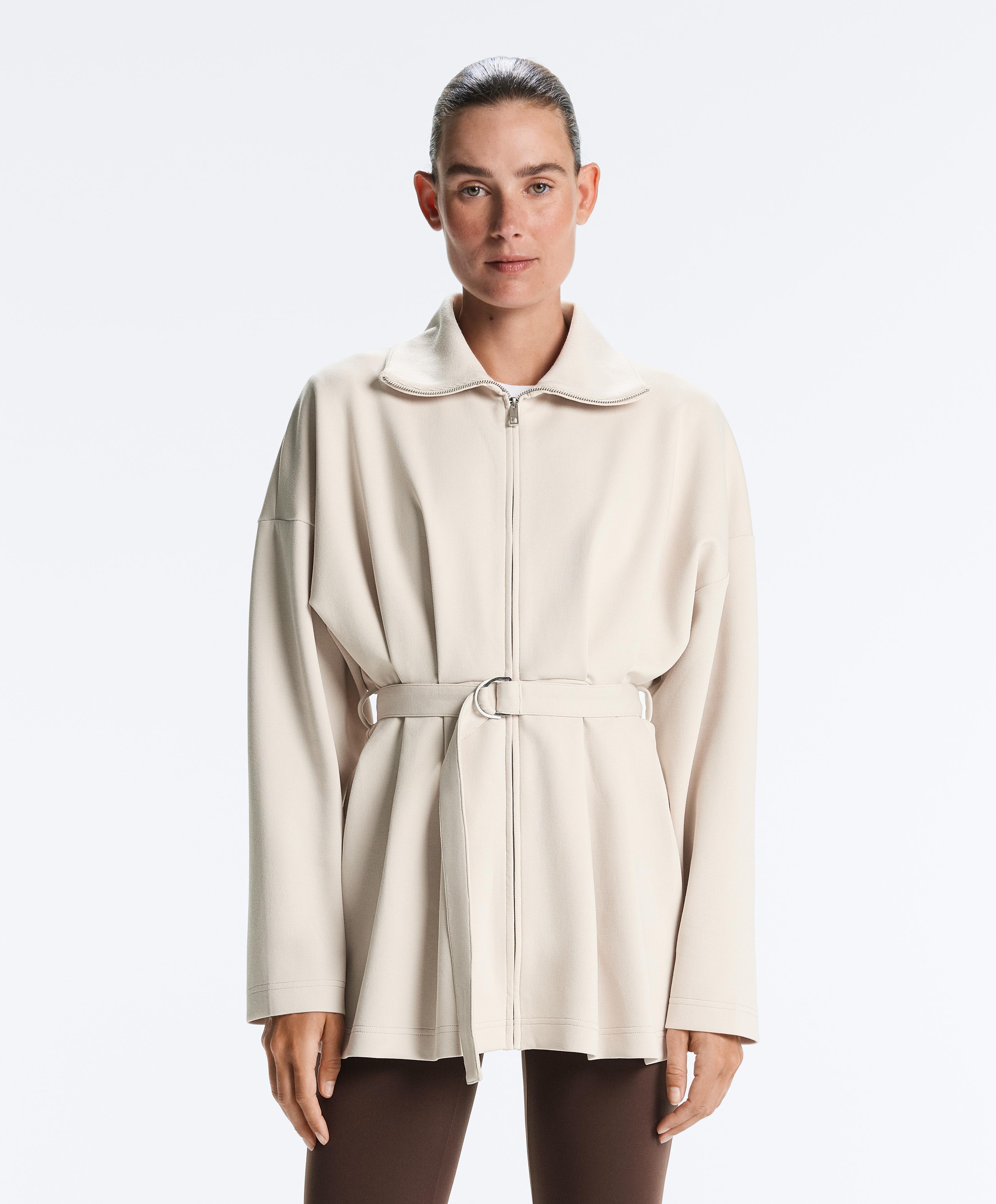 Long cotton piqué belted jacket — PALE MINK