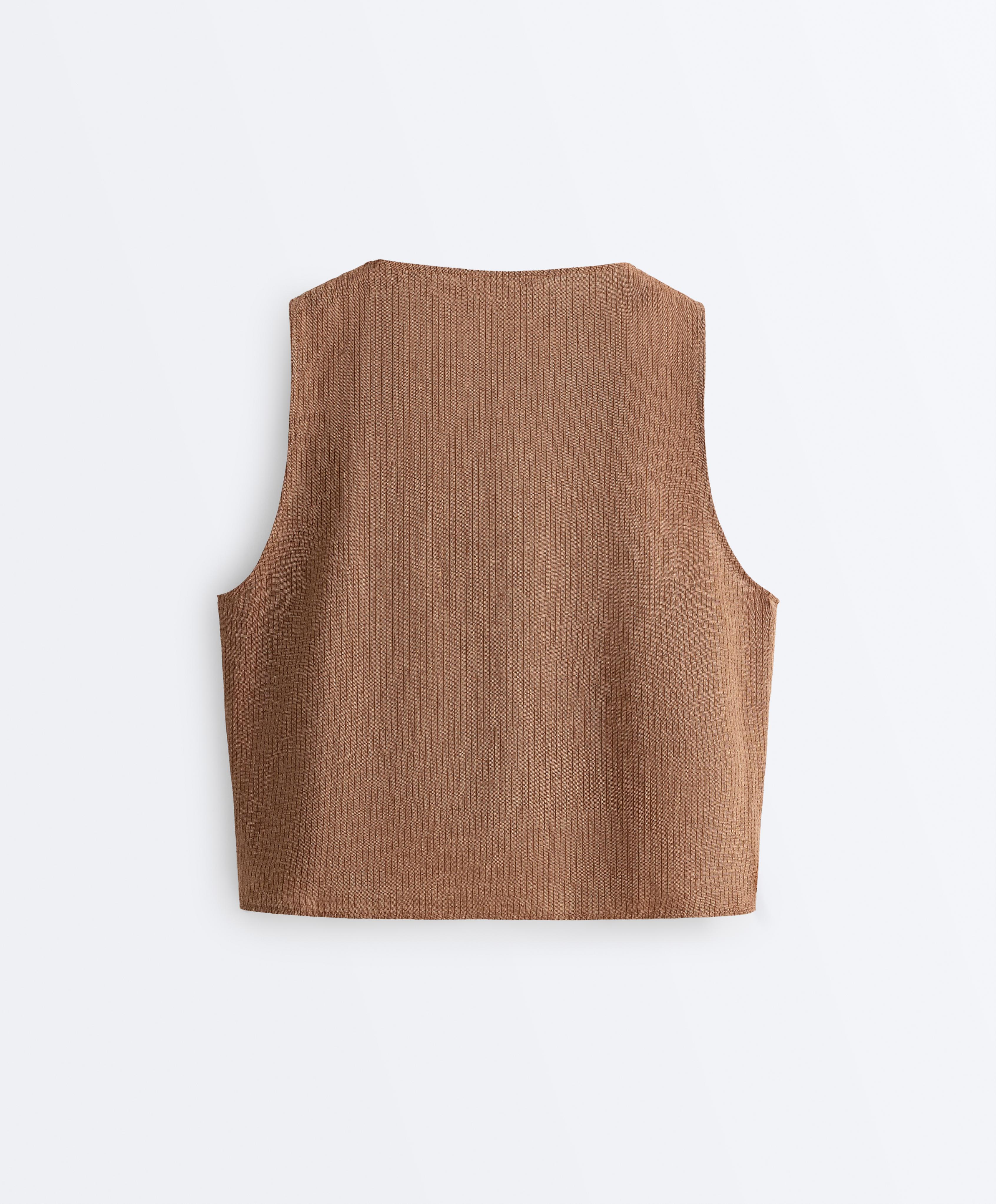 100% linen square neck crossover tie top — TAN MELANGE