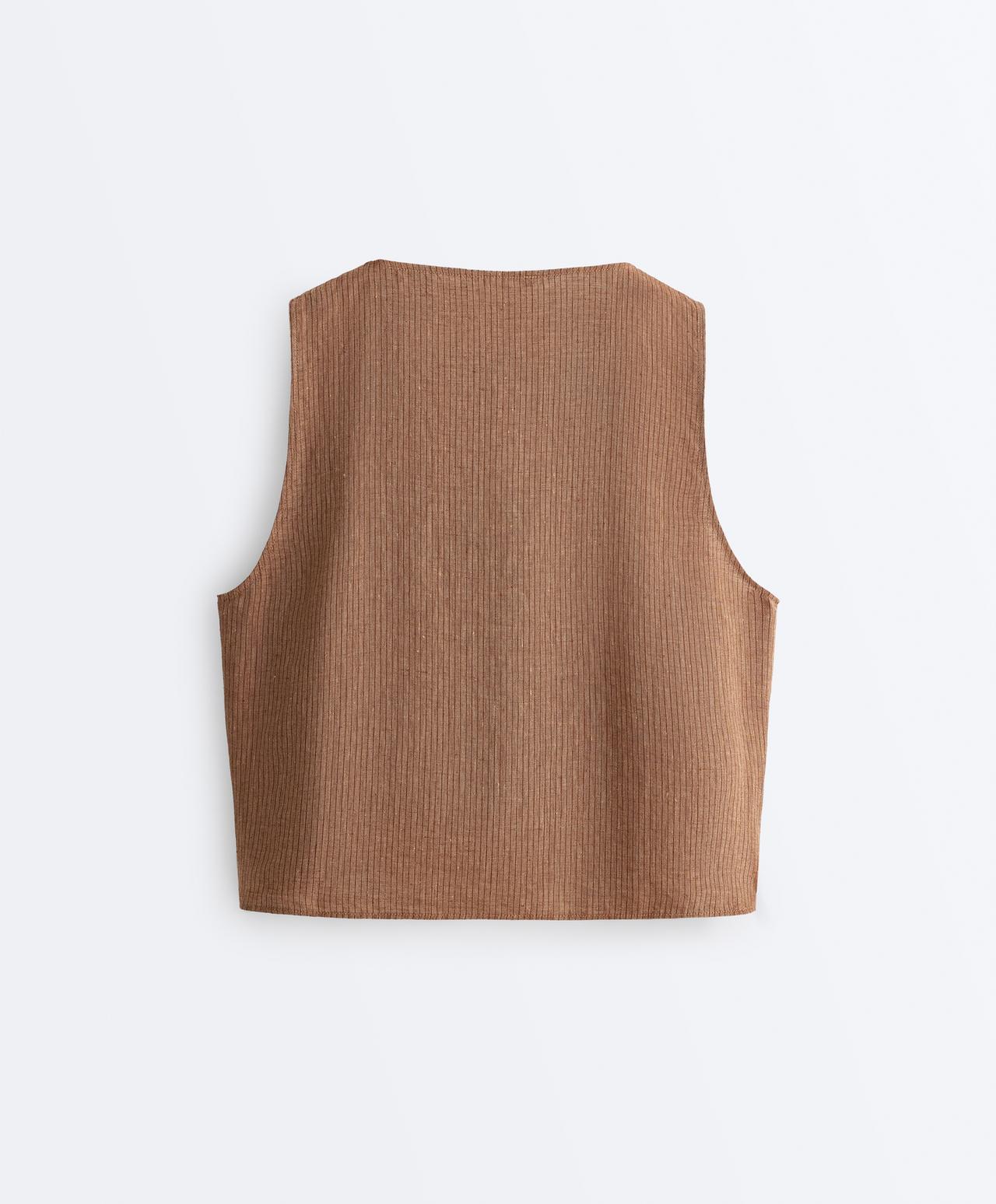 100% linen square neck crossover tie top — TAN MELANGE