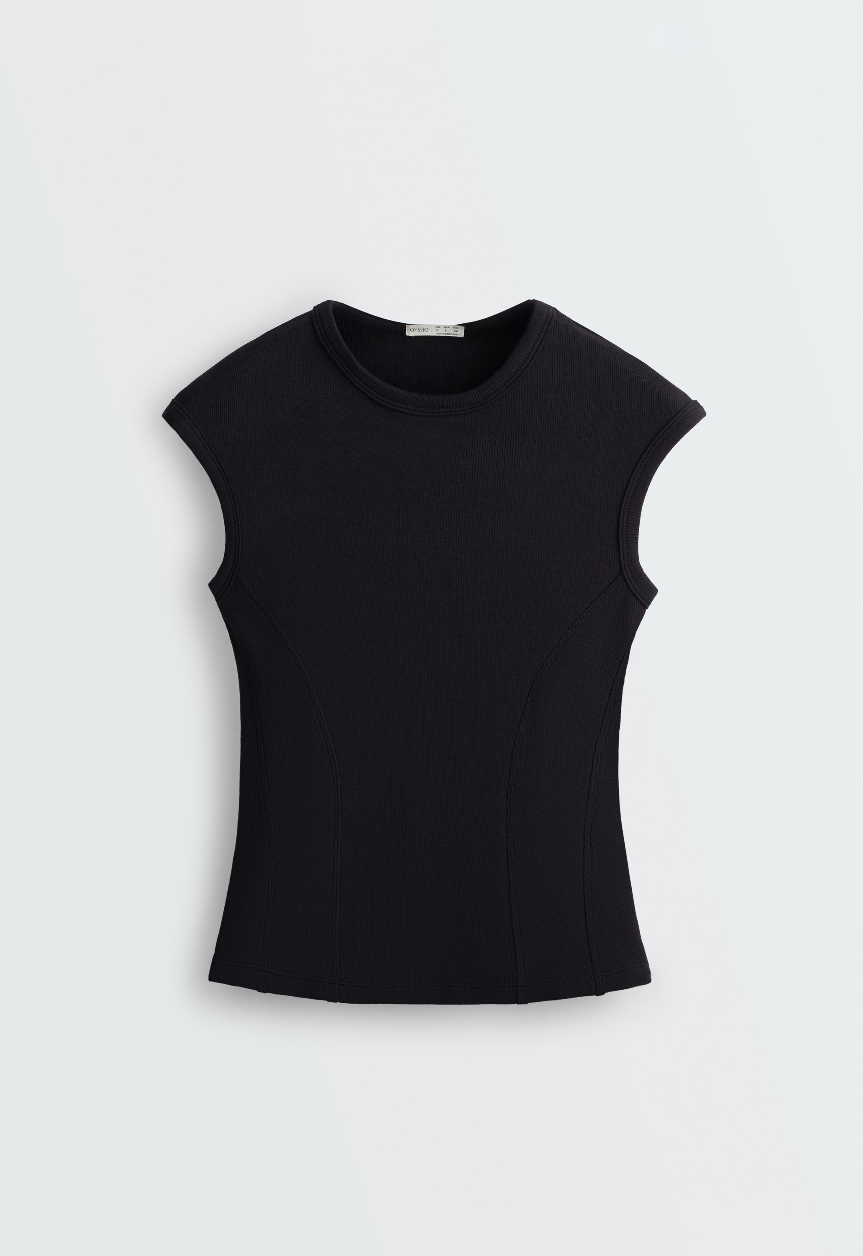 Short-sleeved rib top with cotton and modal — BLACK
