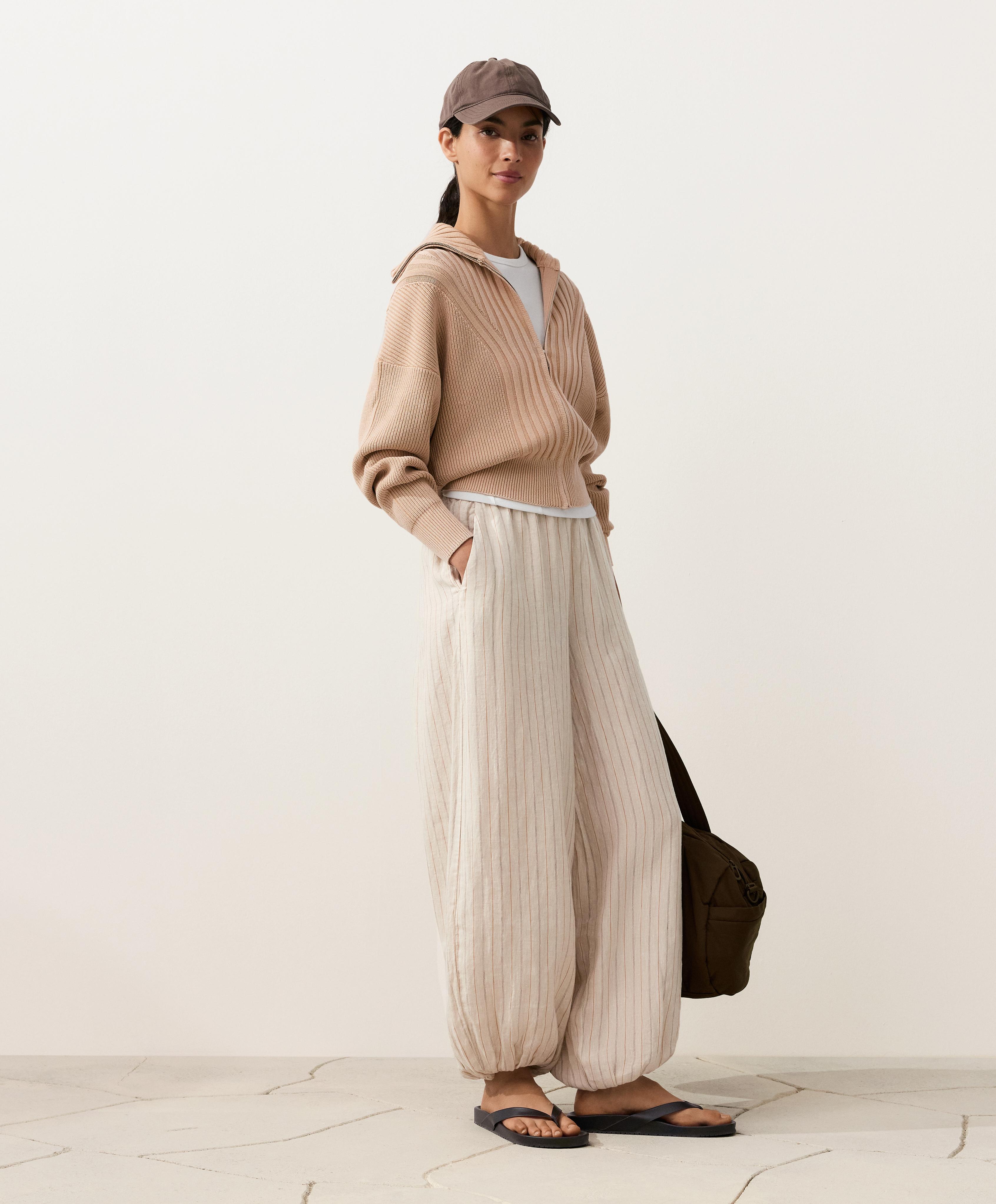 100% linen striped bloomer trousers — SAND MELANGE