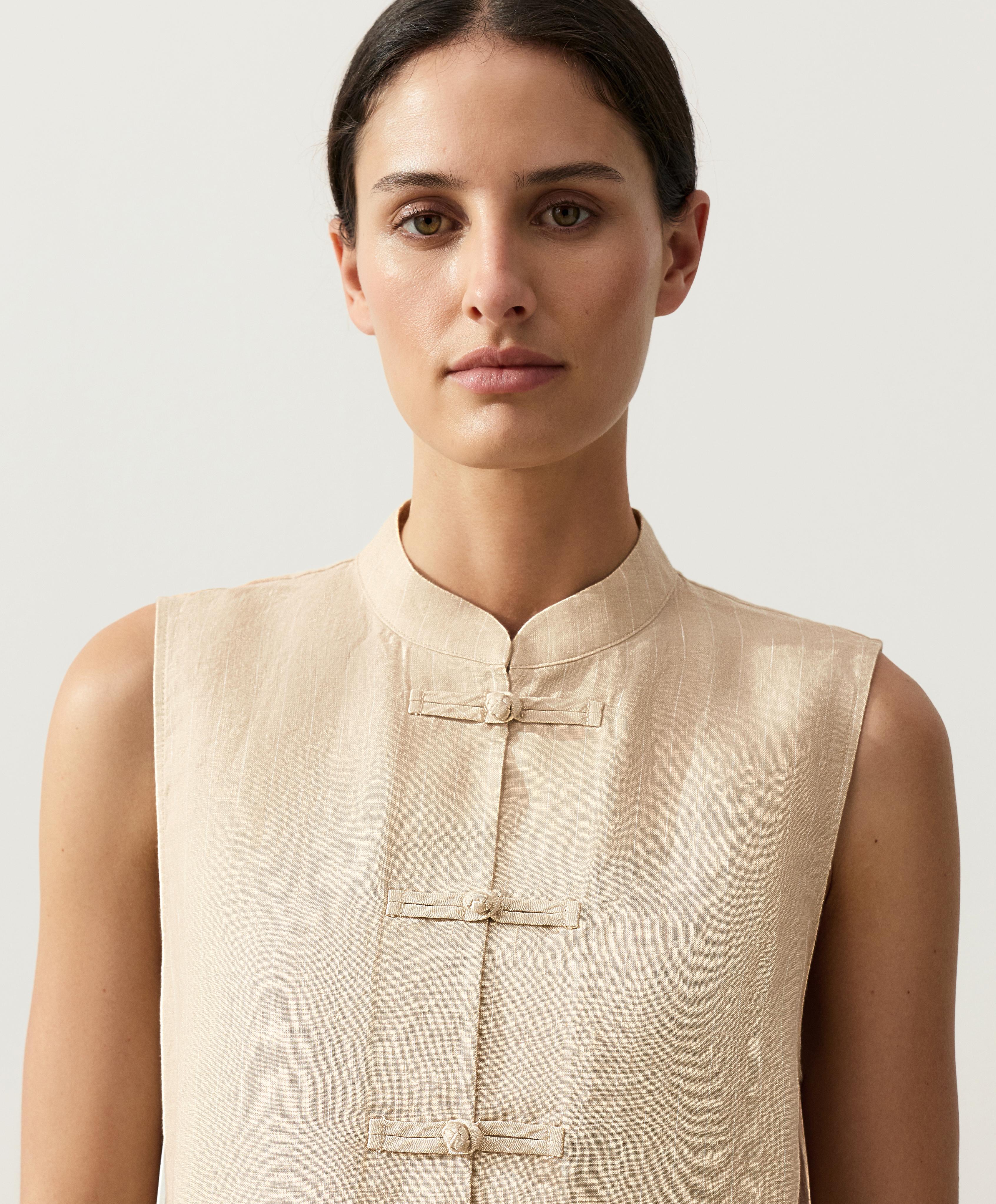 100% linen sleeveless stand-up collar shirt — SANDY