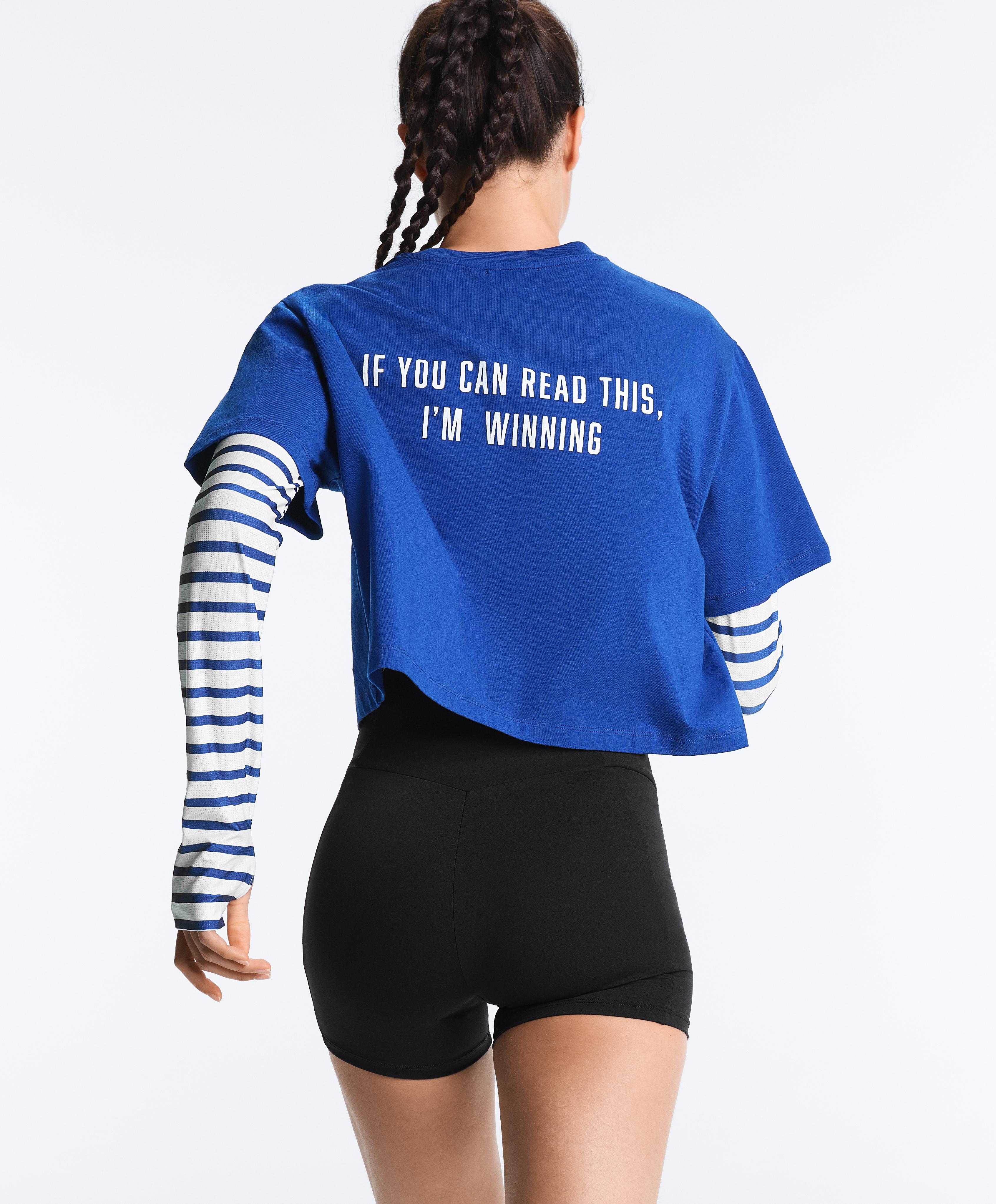 Boxy cropped cotton blend slogan T-shirt — ELECTRIC BLUE