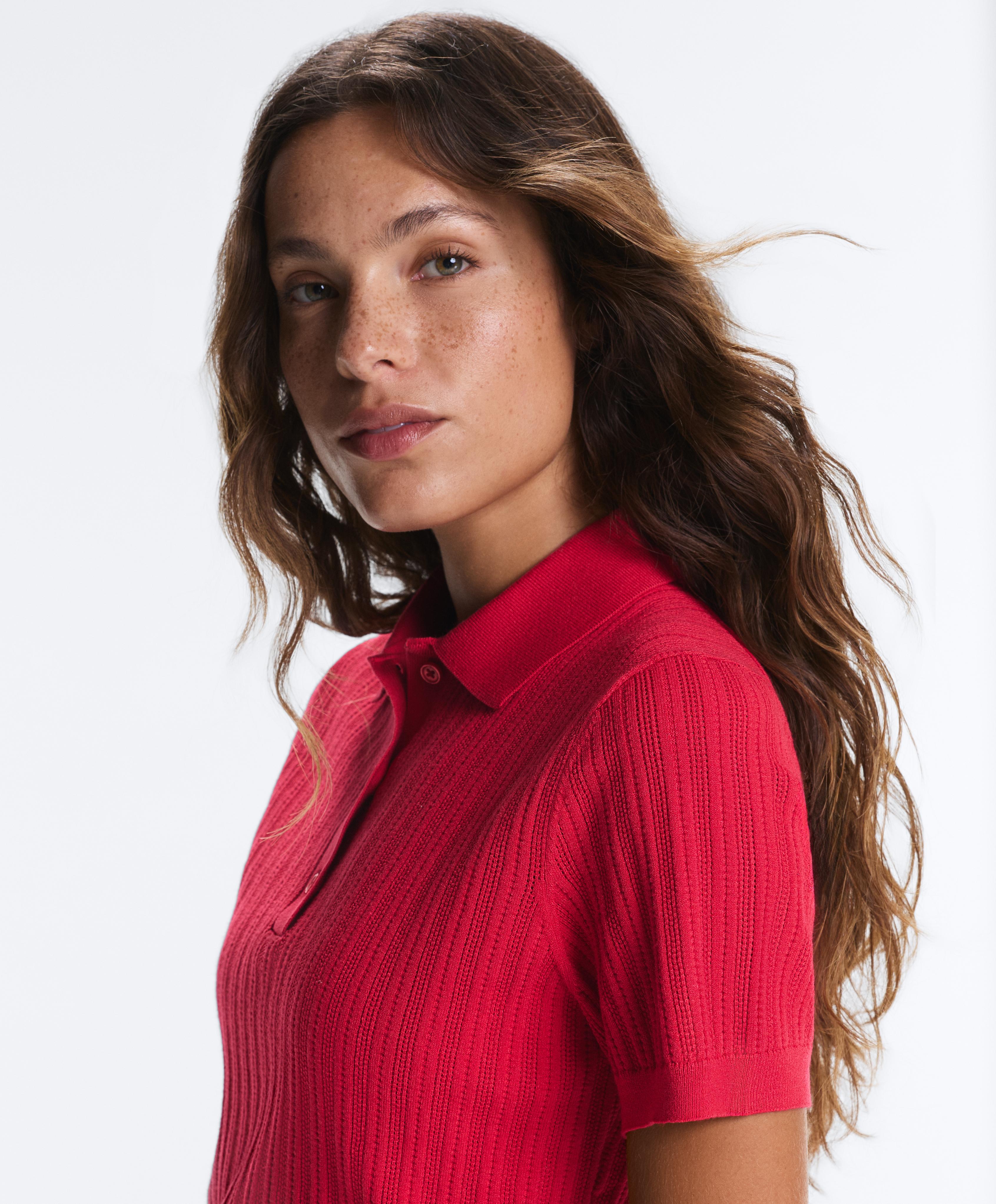 Short sleeve open knit polo shirt — RED