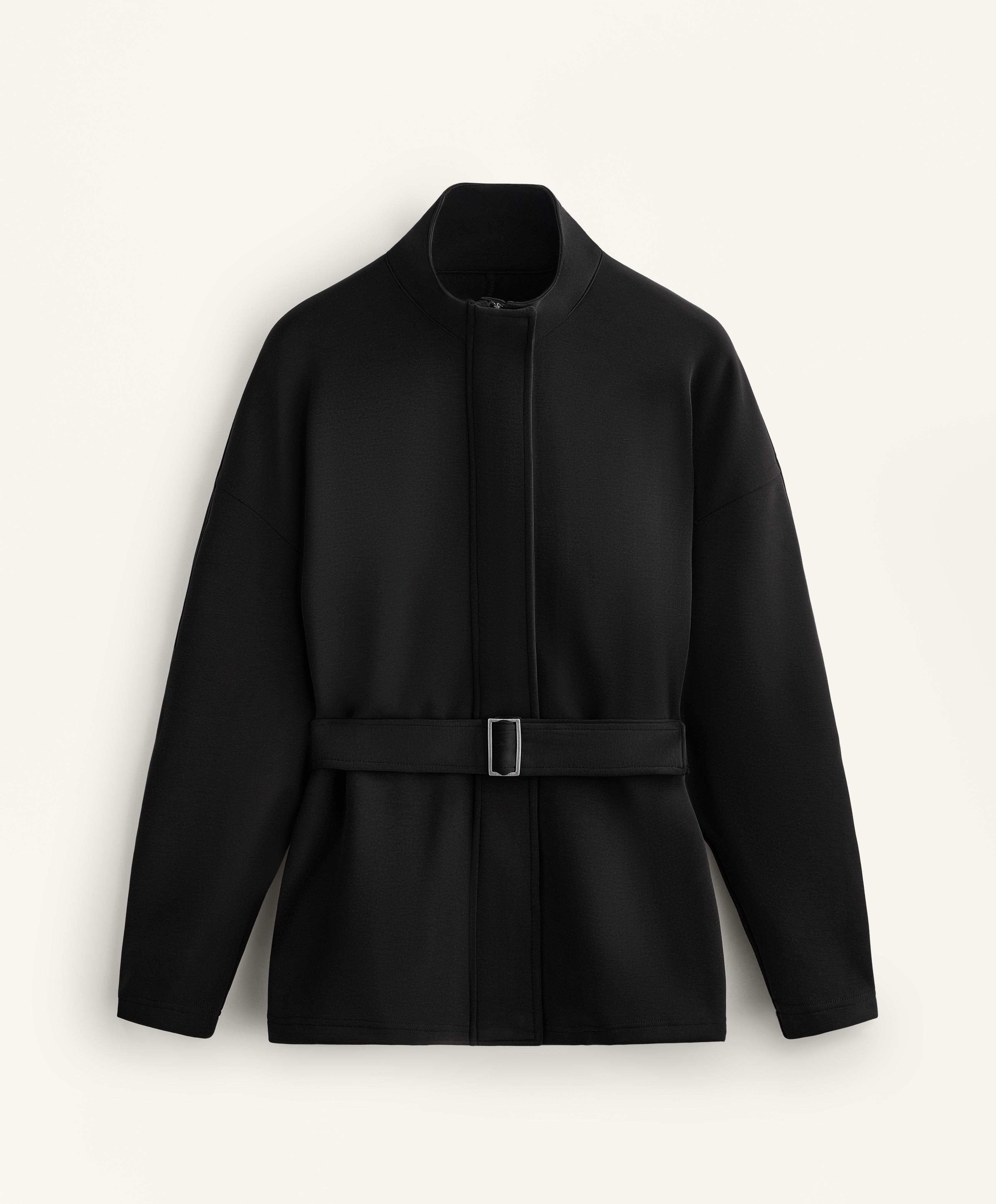 Long belted jacket with brushed modal — BLACK