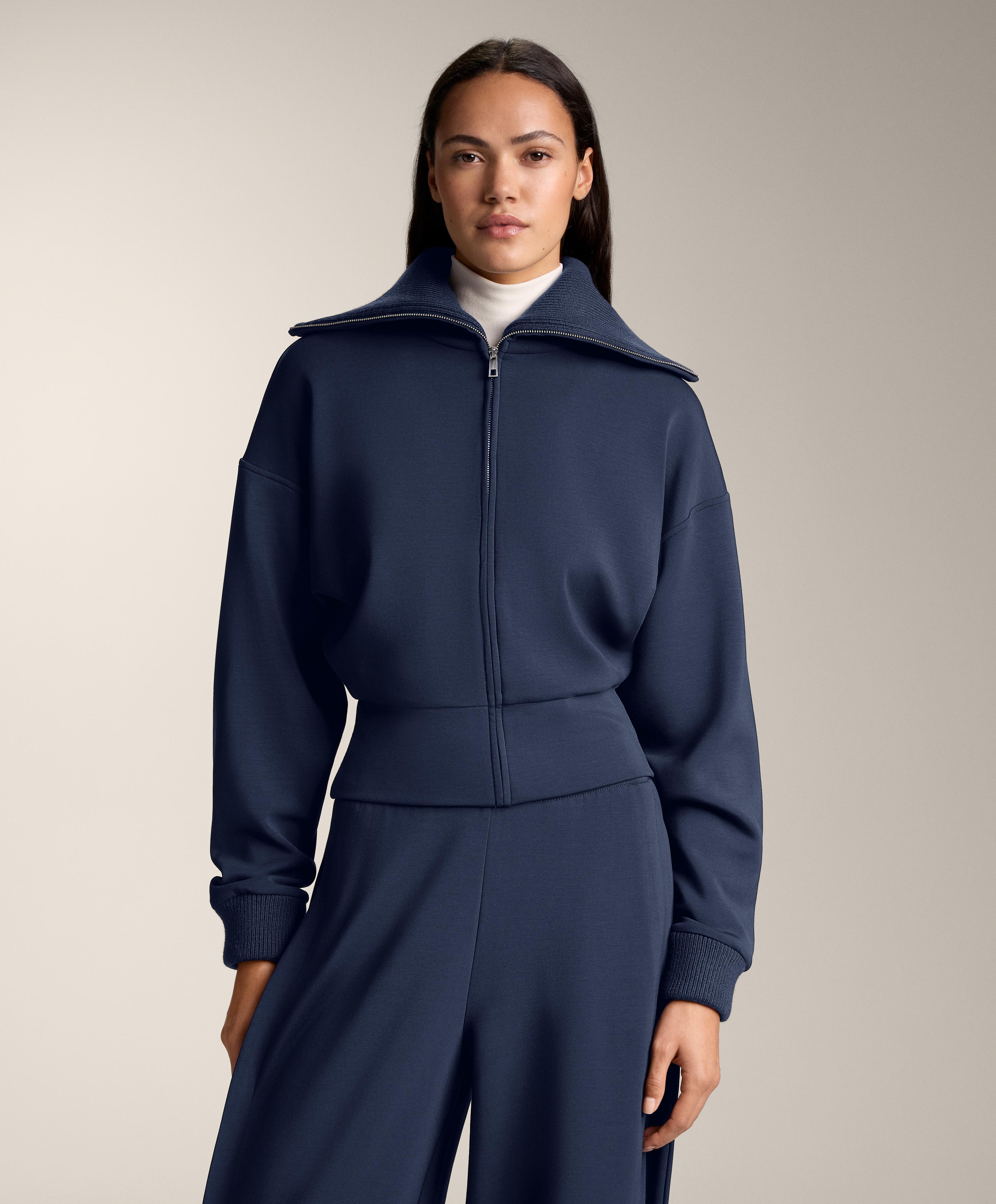 Fitted waist knit collar jacket with brushed modal — NAVY BLUE
