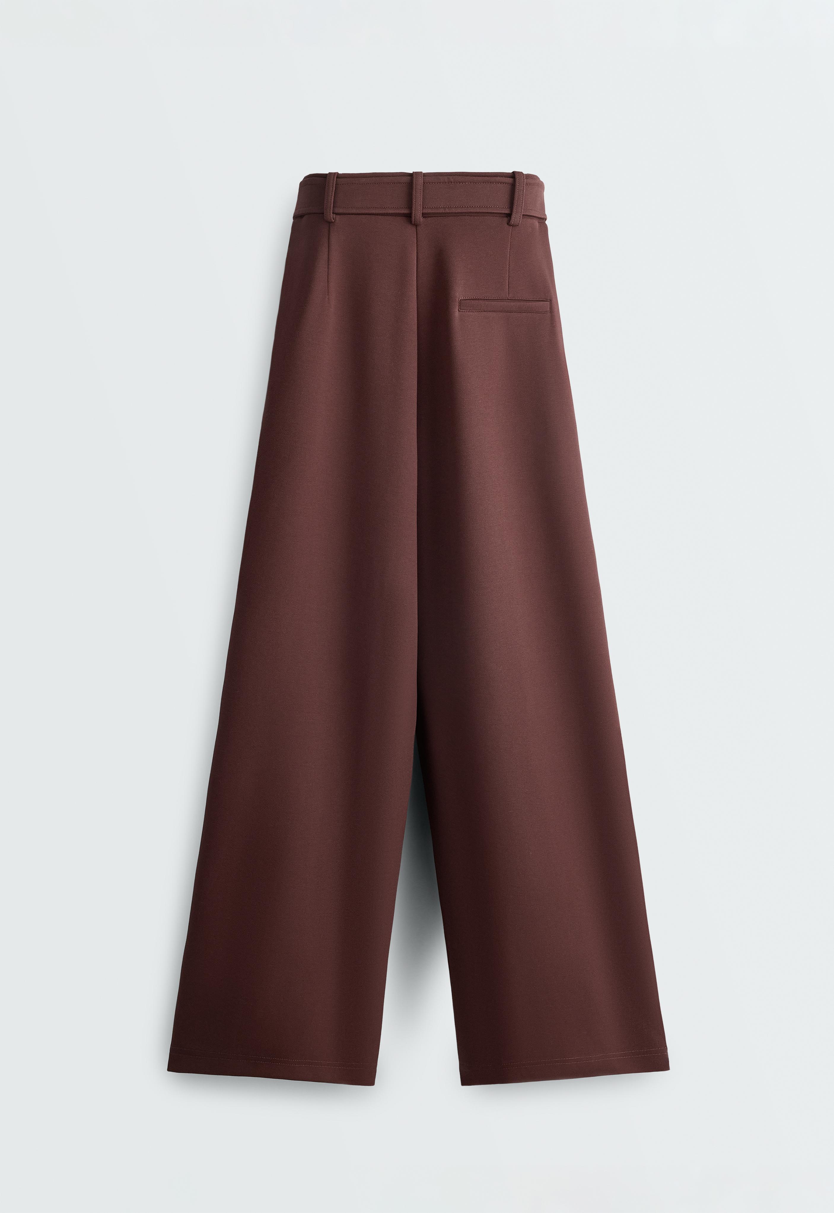 Wide-leg cotton piqué belted trousers — CHOCOLATE