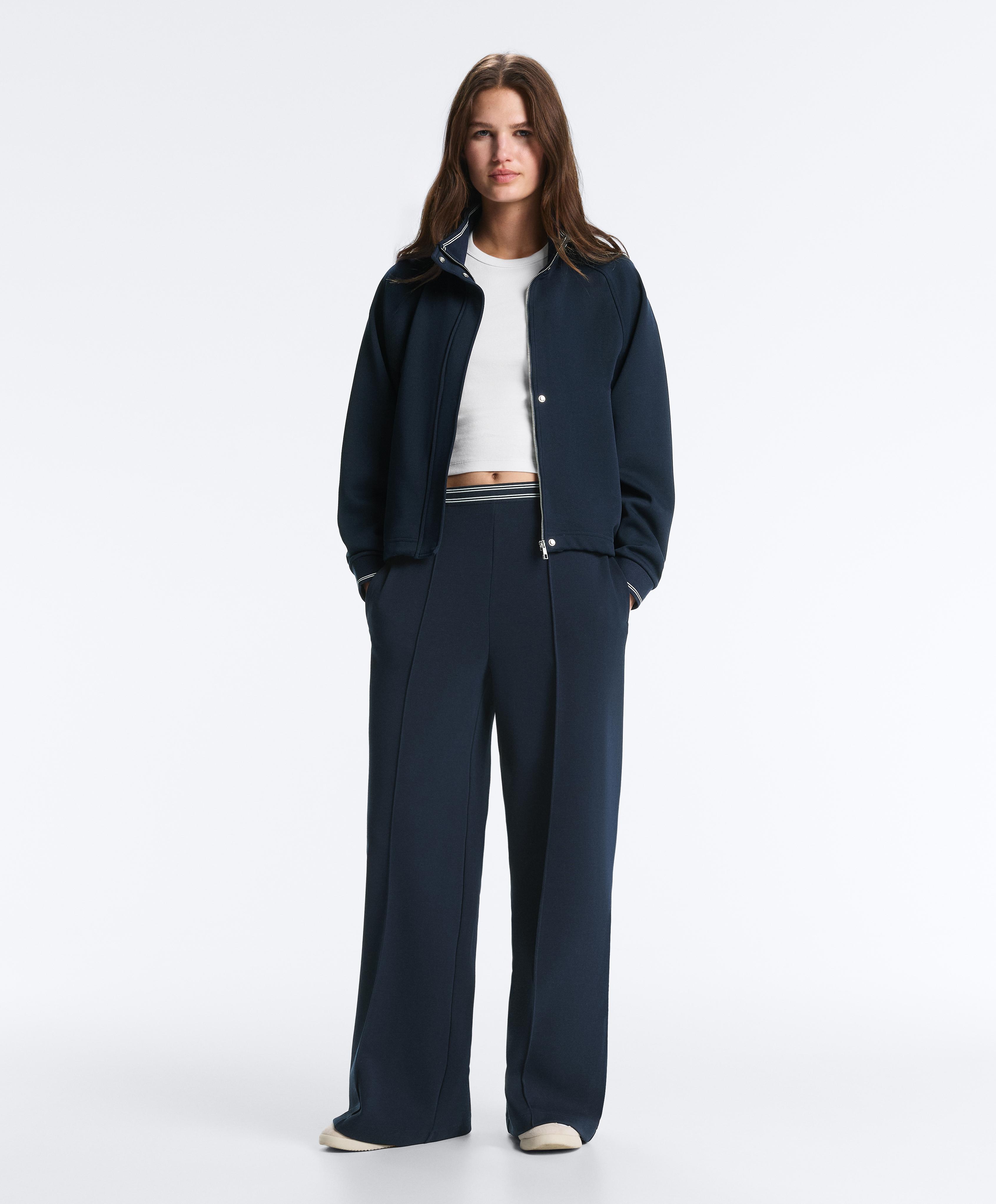 Straight-leg piqué trousers with cotton and contrast Piping — NAVY BLUE