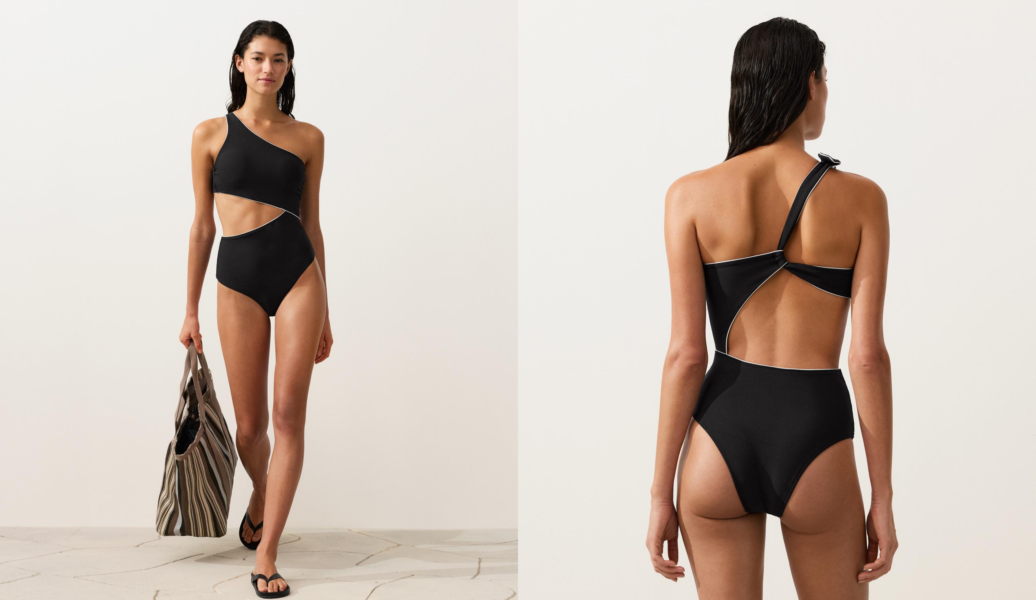 Asymmetric piping bow trikini — BLACK