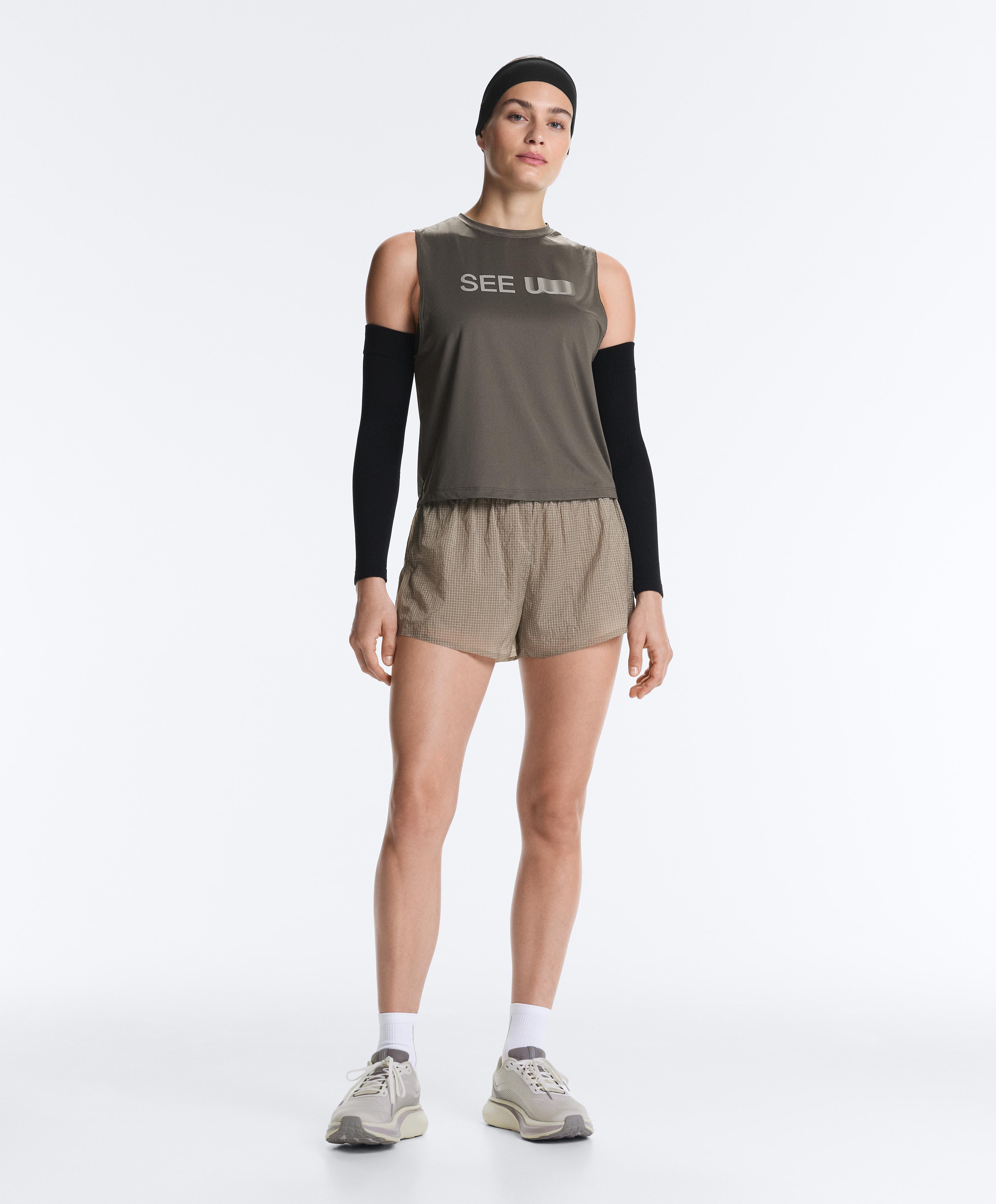 Technical 2-in-1 checked mid-rise shorts — MINK GREY