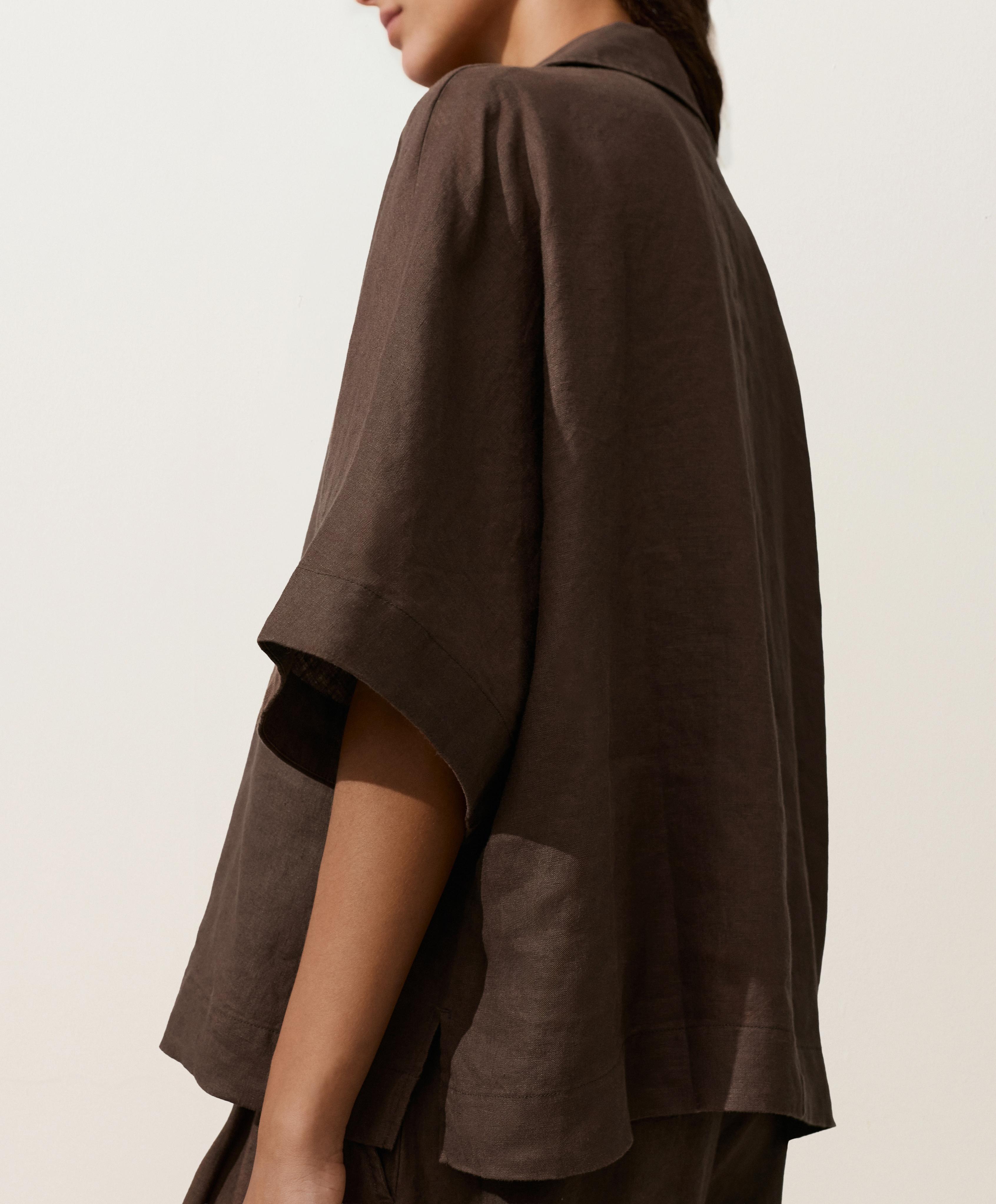 Oversize 100% linen polo shirt — DARK BROWN