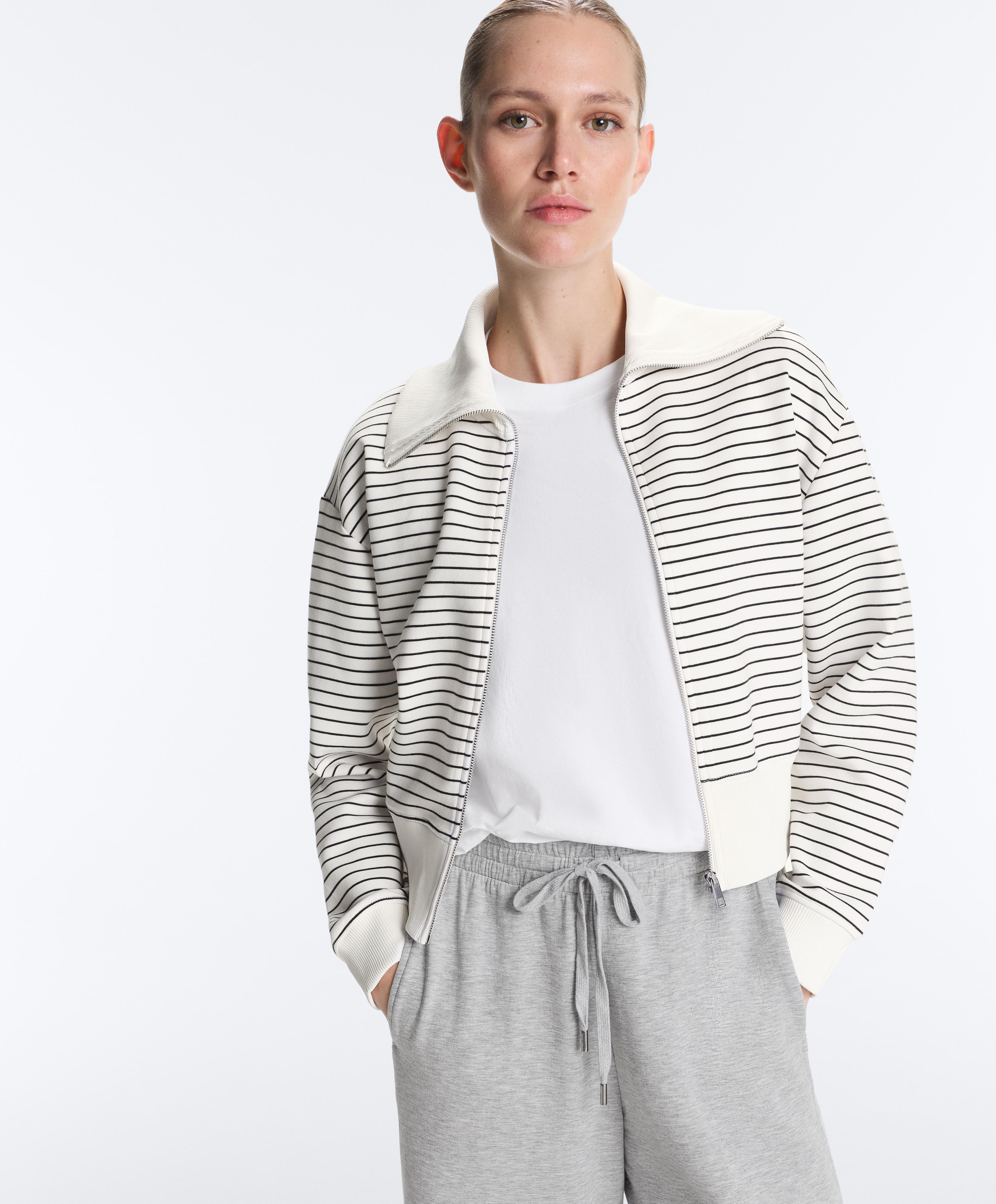 Striped rib neck jacket with cotton — PALE ECRU