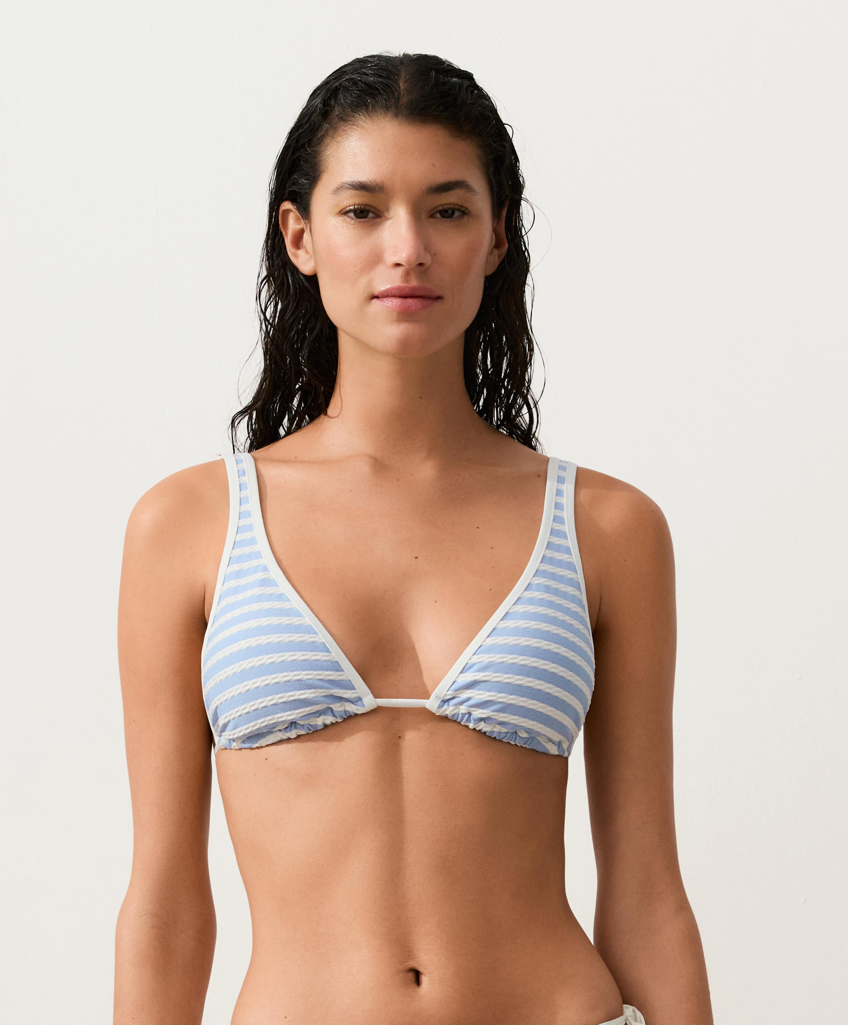 Textured stripe triangle halterneck bikini top — WASHED SKY BLUE