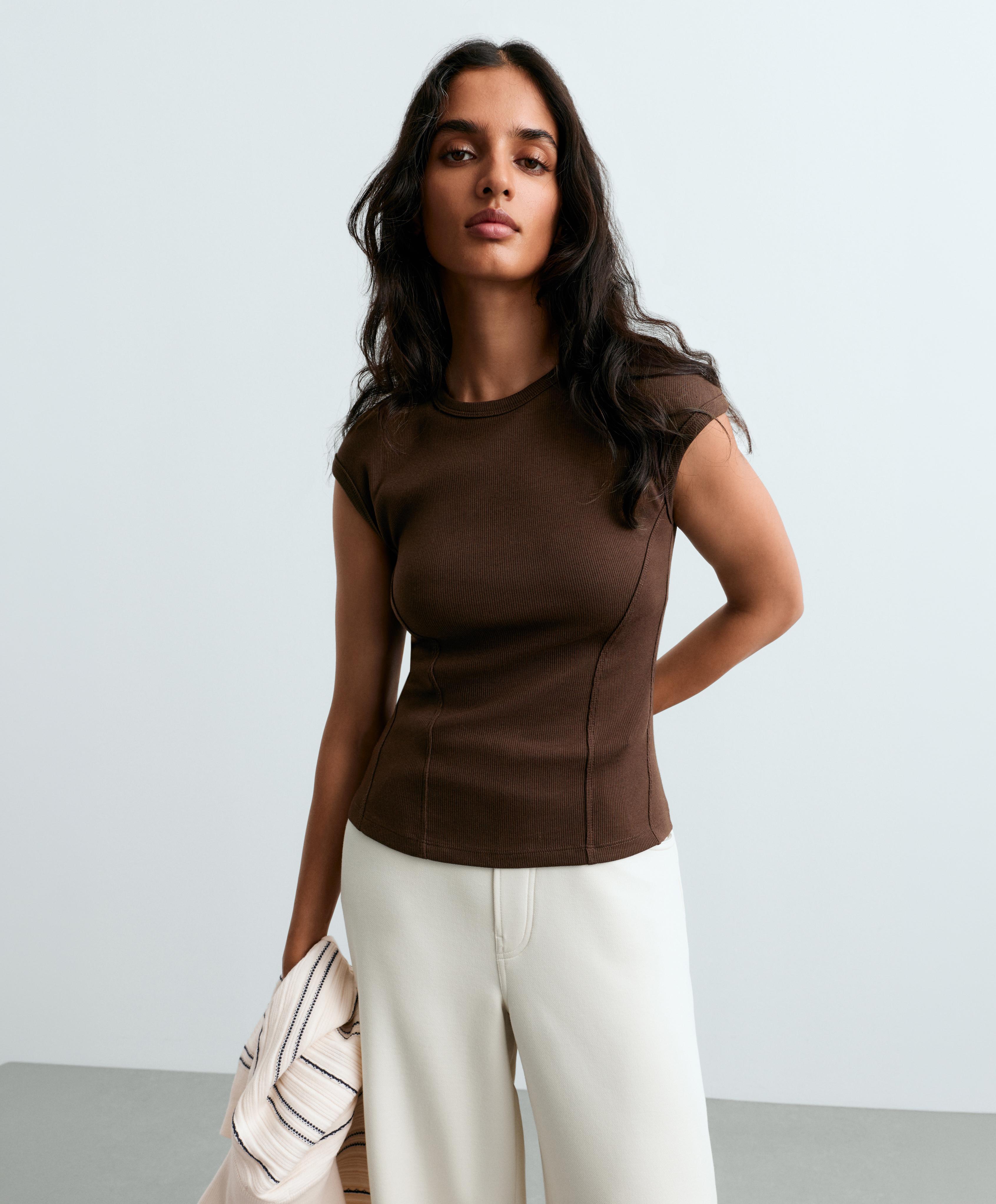 Short-sleeved rib top with cotton and modal — DARK BROWN