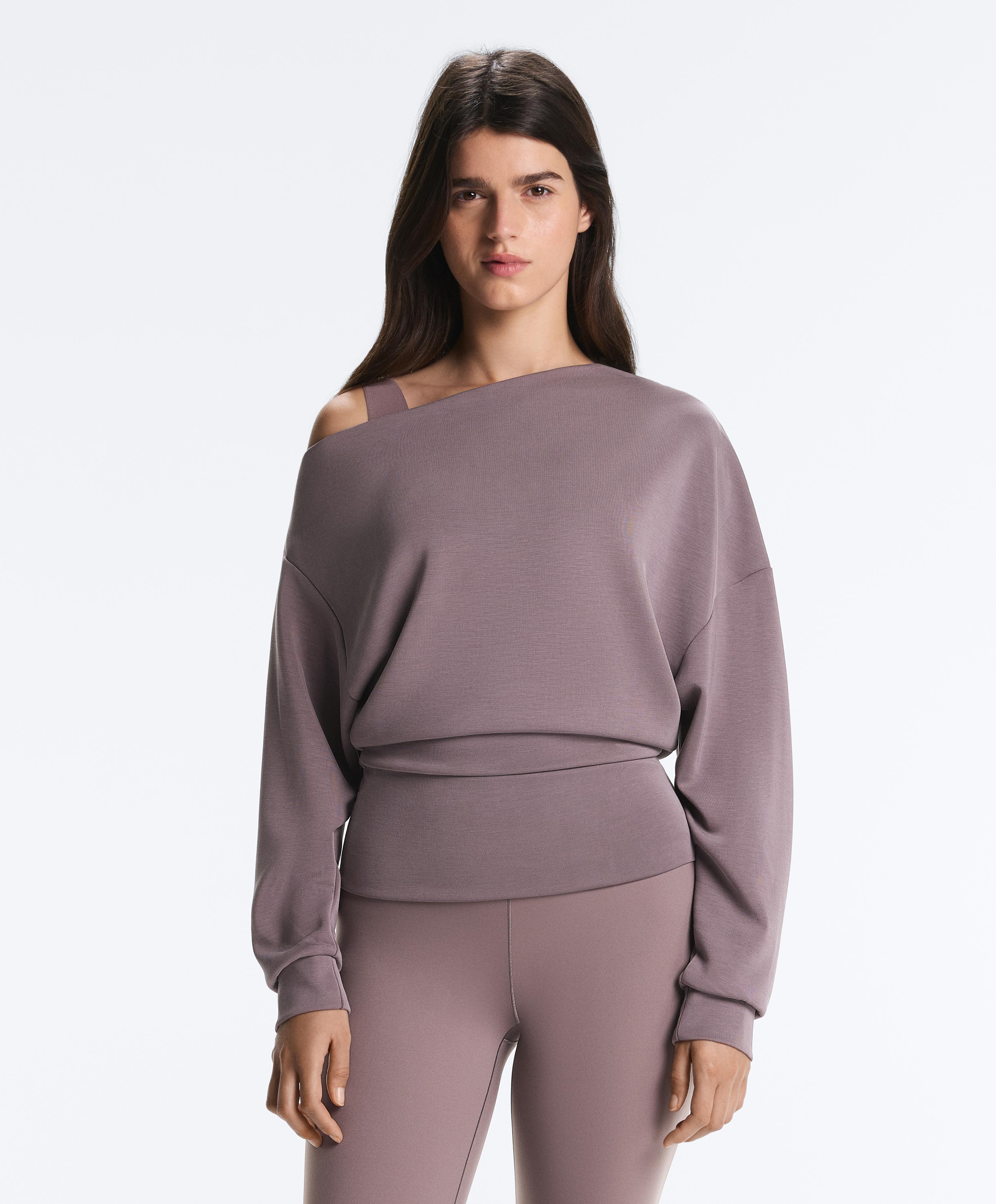 Asymmetric neck sweatshirt with adjustable waist and soft-touch modal — GREY-LILAC