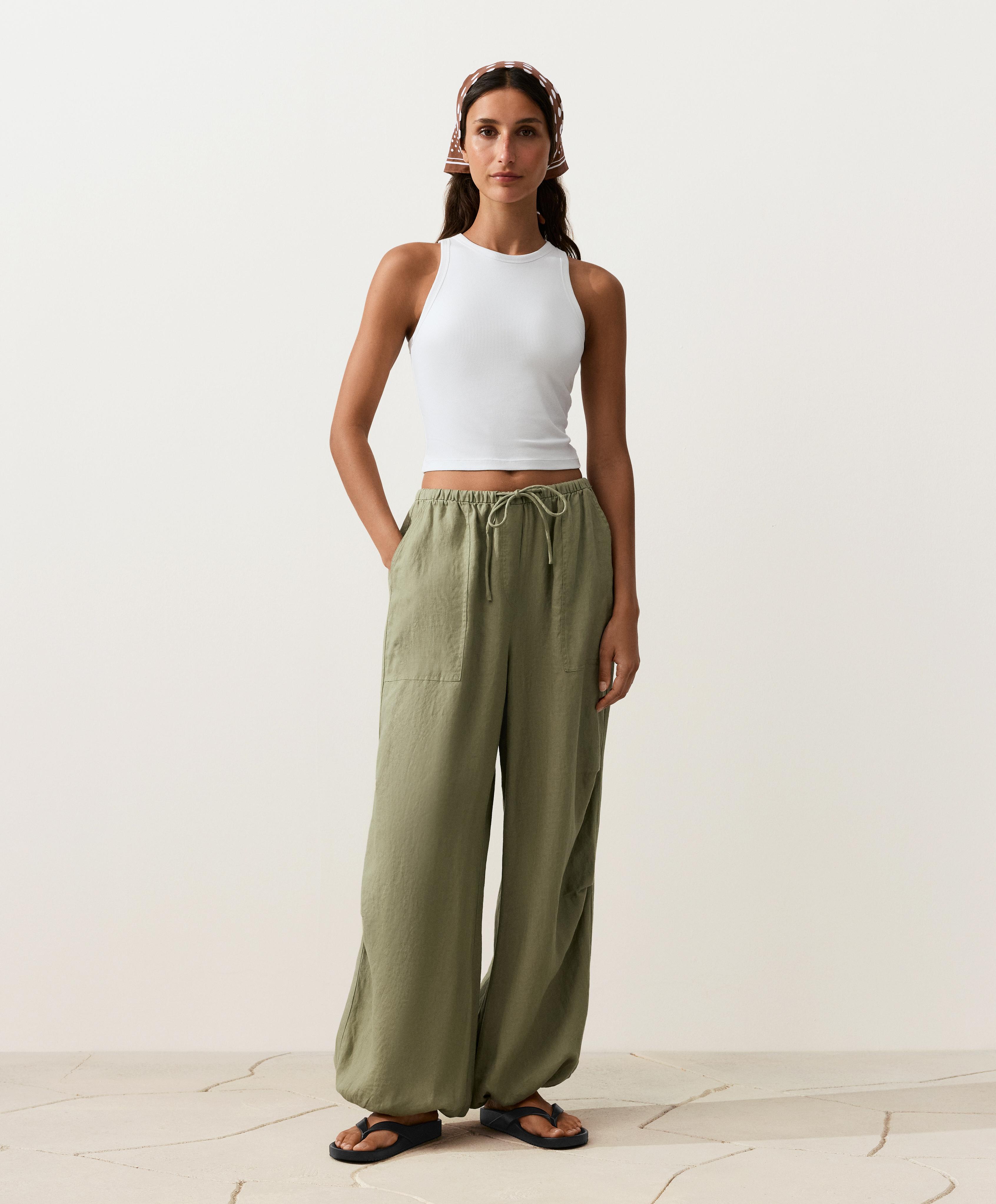 100% linen cargo bloomer trousers — YELLOW GREEN