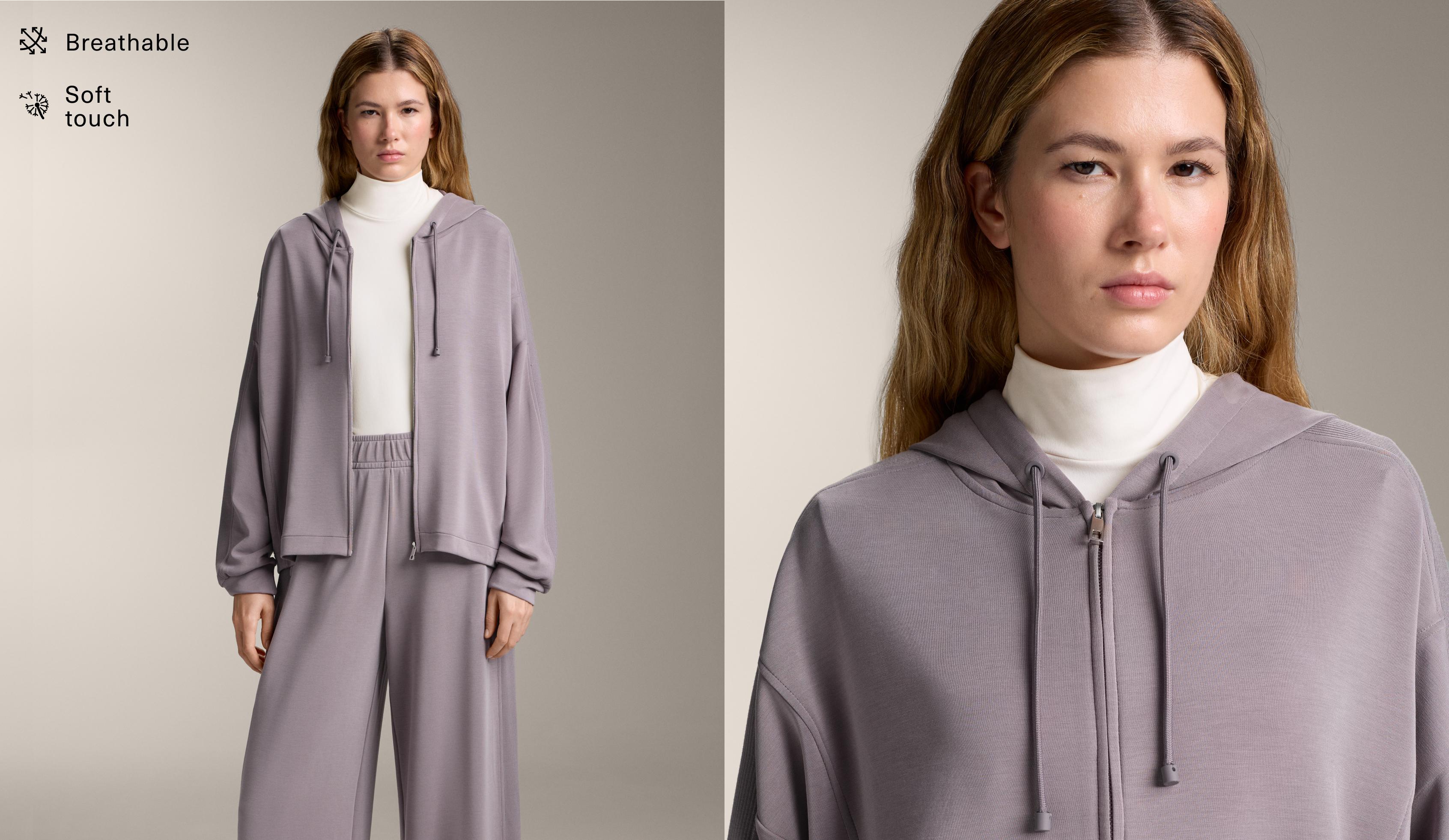 Long hooded jacket with rib detail and soft-touch modal