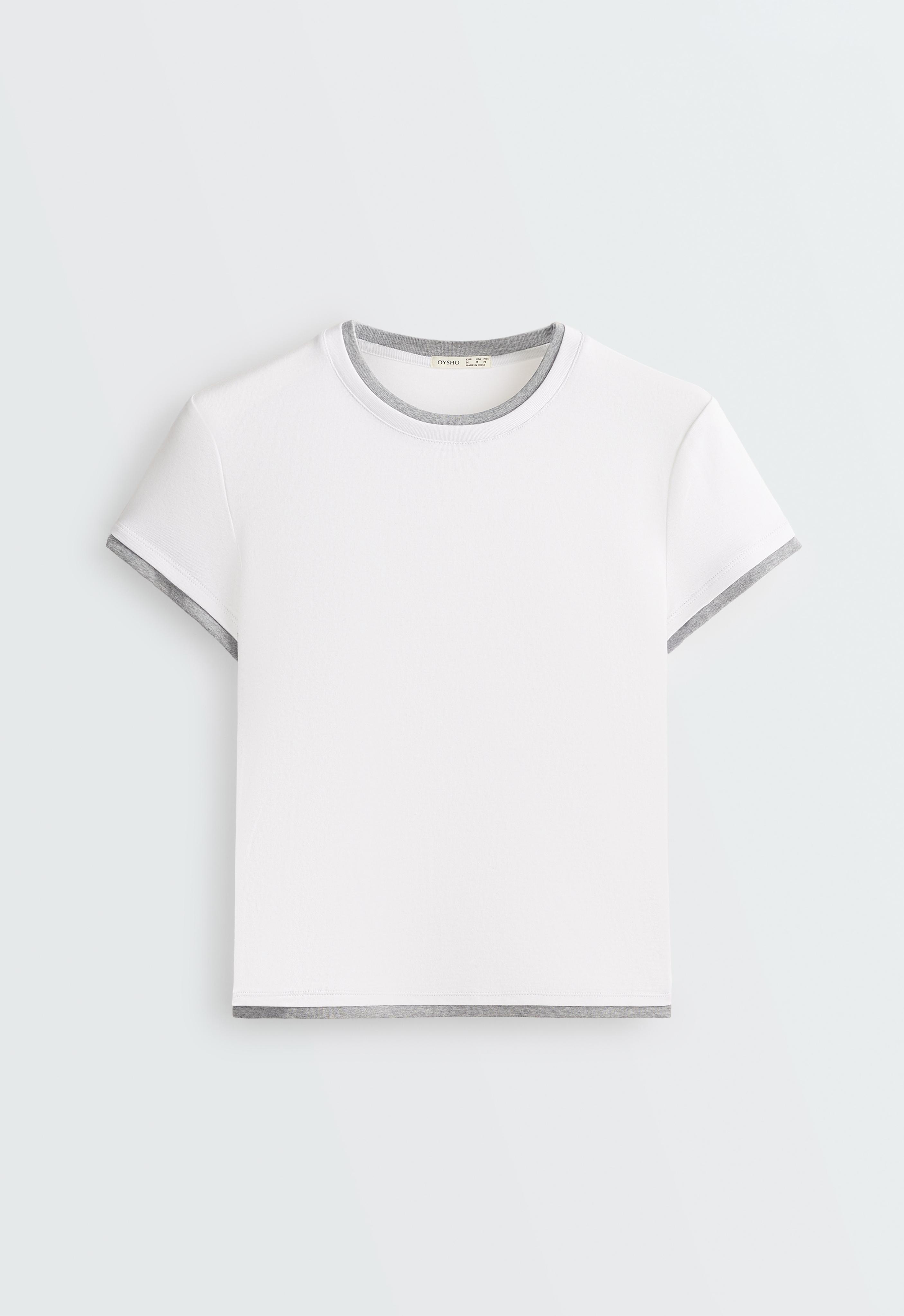 Cotton blend double rib effect short sleeve T-shirt — WHITE