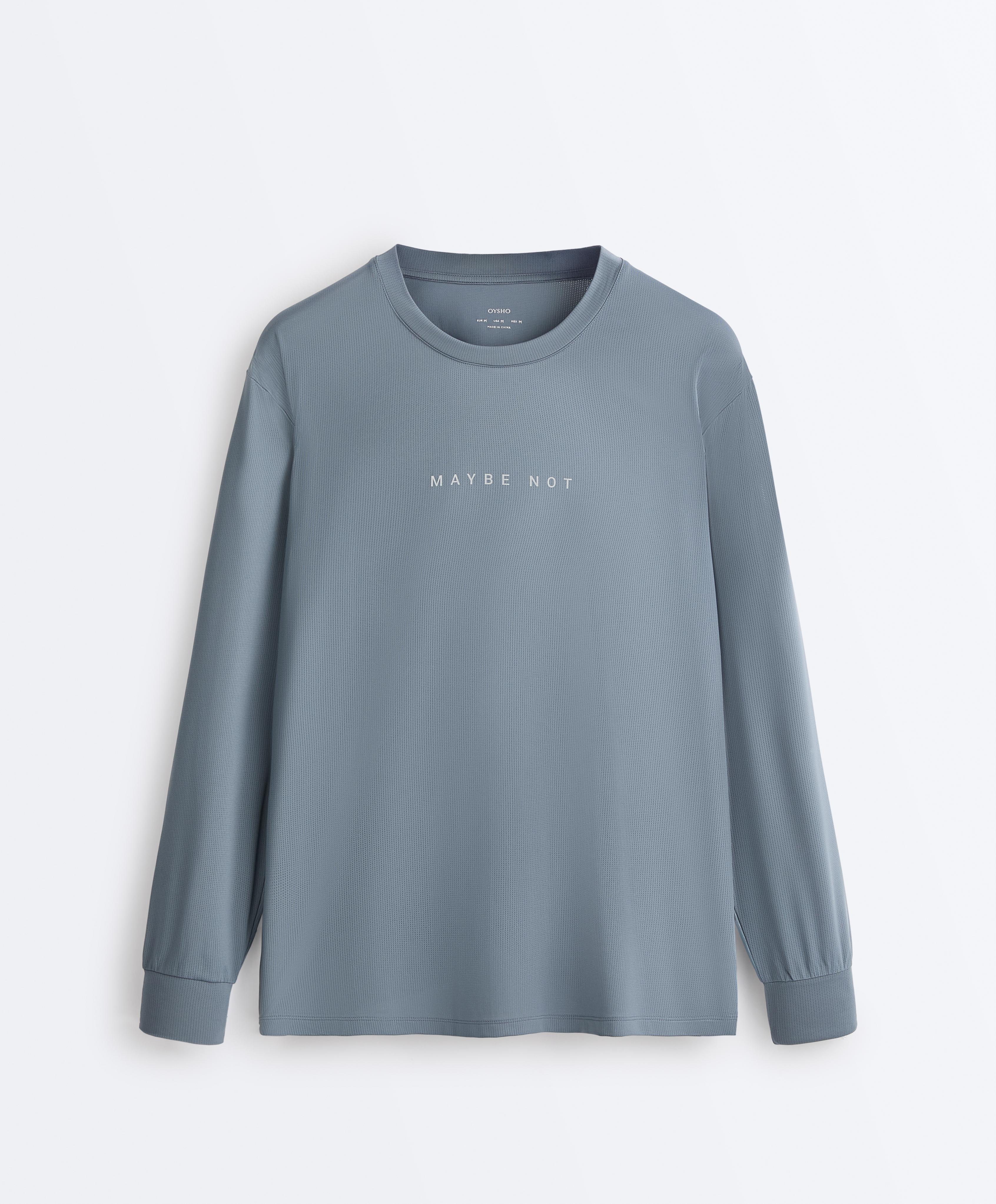 Long-sleeved technical T-shirt with text — MID GREY-BLUE