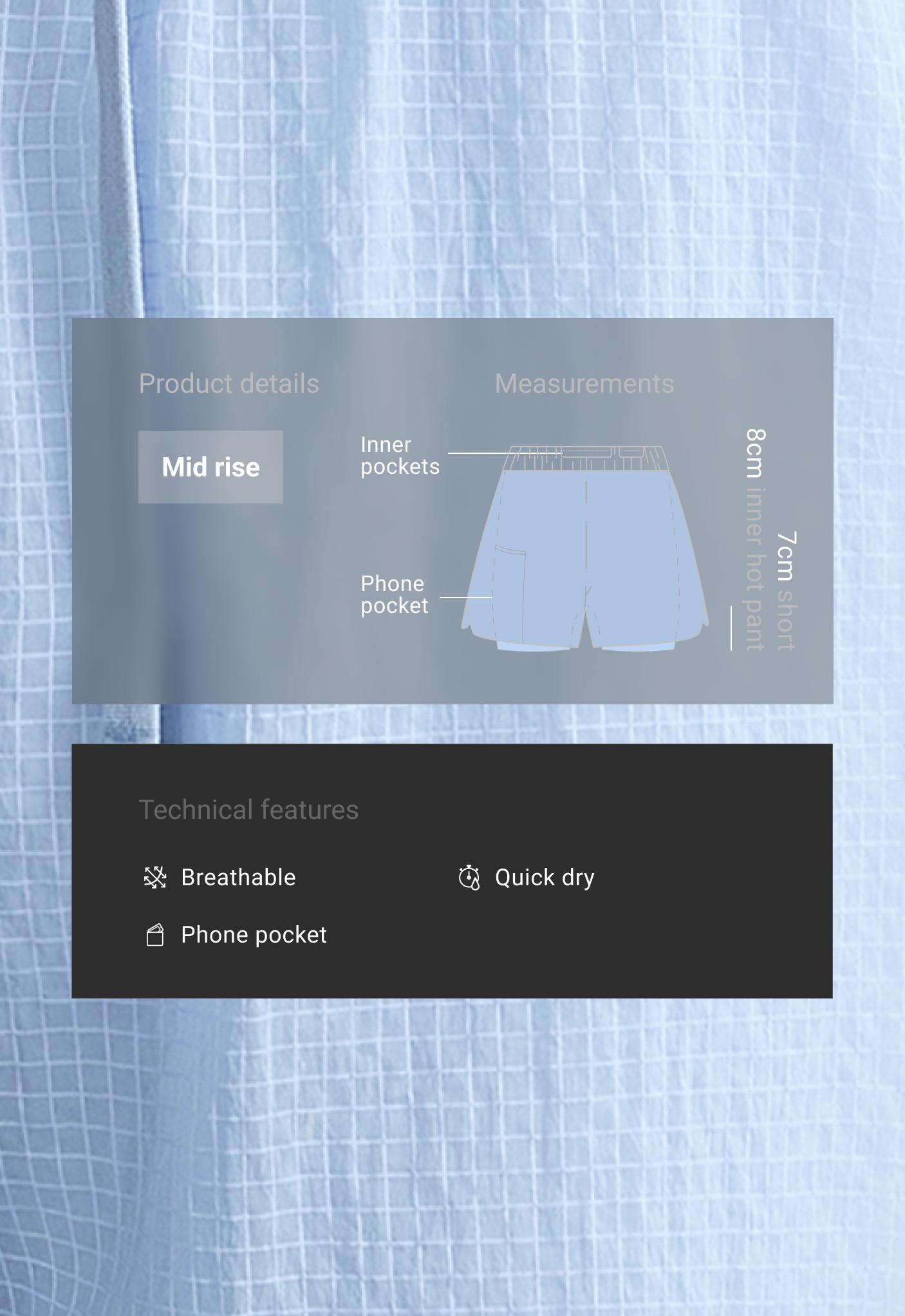 Technical 2-in-1 checked mid-rise shorts — MID GREY-BLUE
