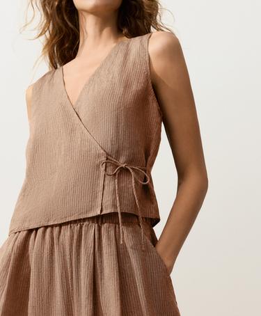 100% linen square neck crossover tie top — TAN MELANGE 3