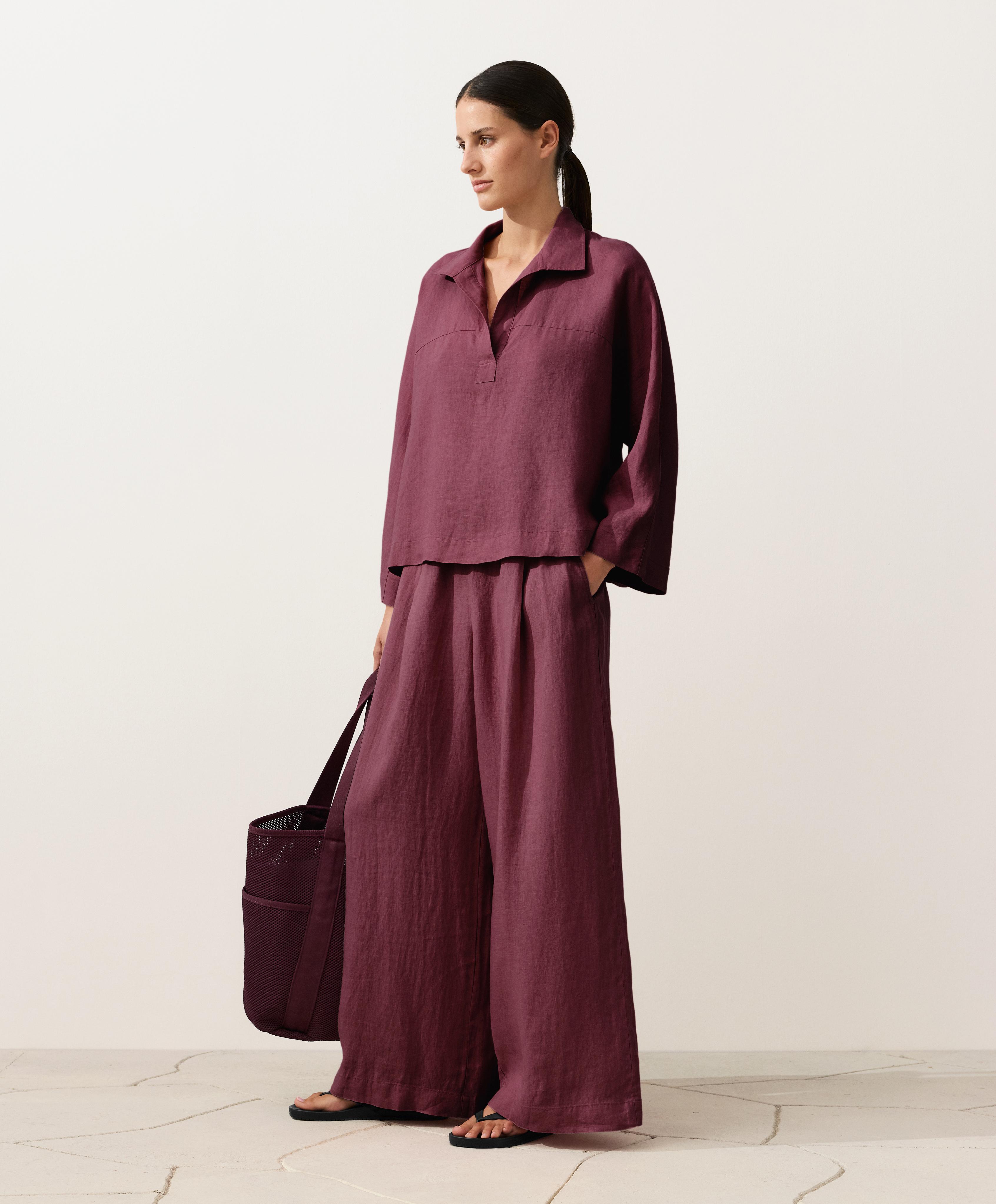 100% linen wide-leg trousers — CHERRY