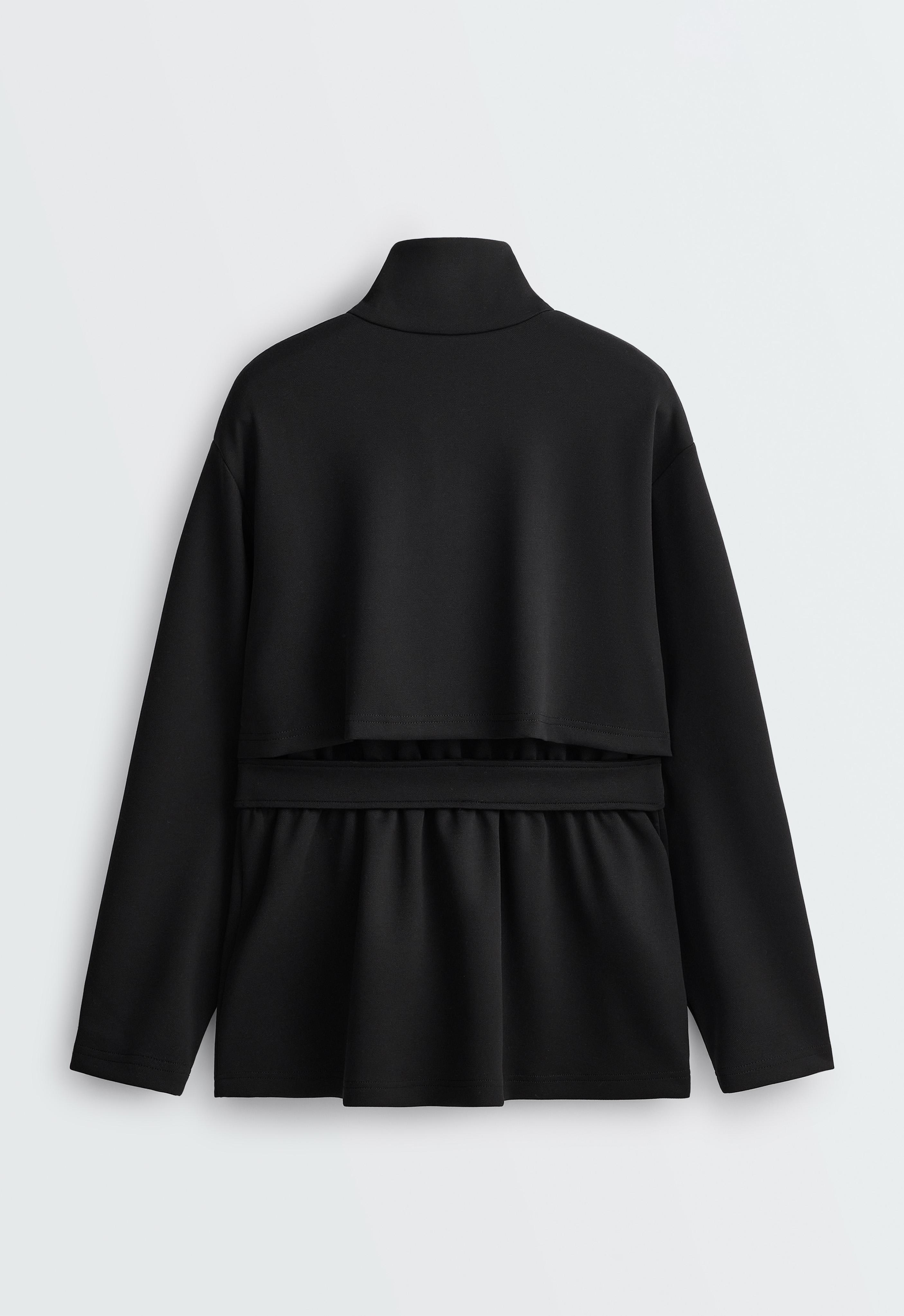 Long piqué jacket with belt — BLACK