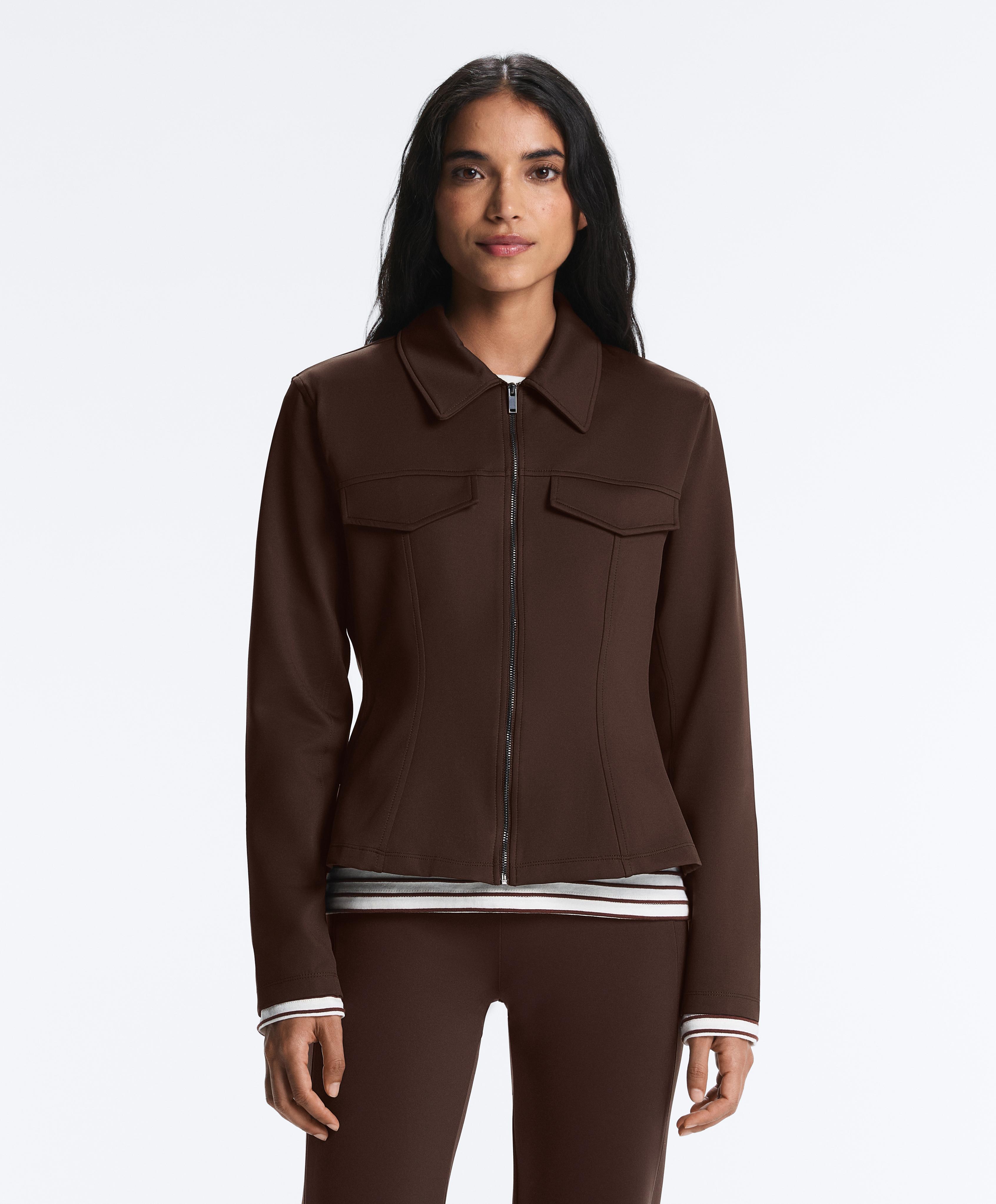 Neoprene-effect peplum jacket with ribbing — BROWN