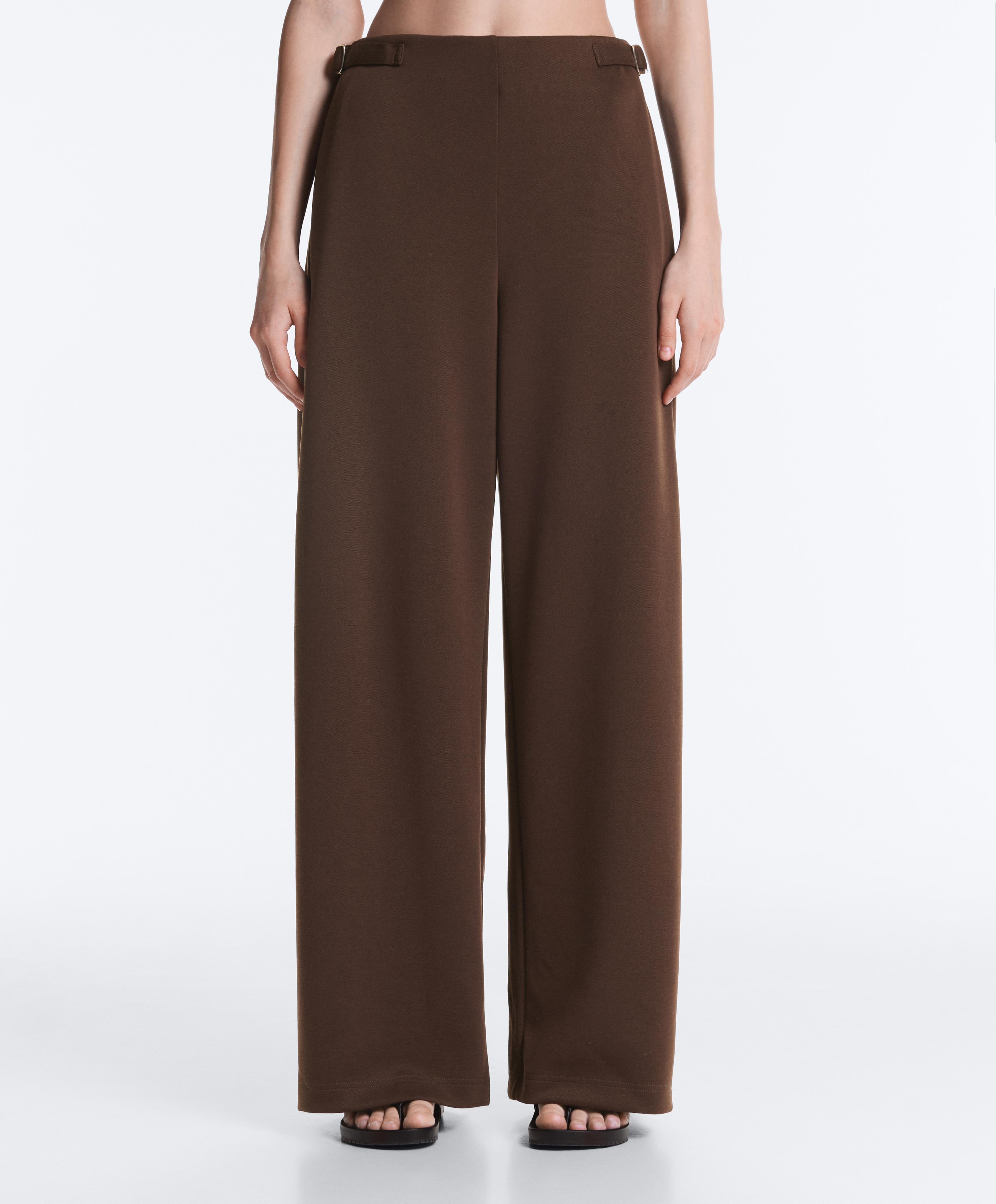 High-rise piqué wide-leg trousers with buckles