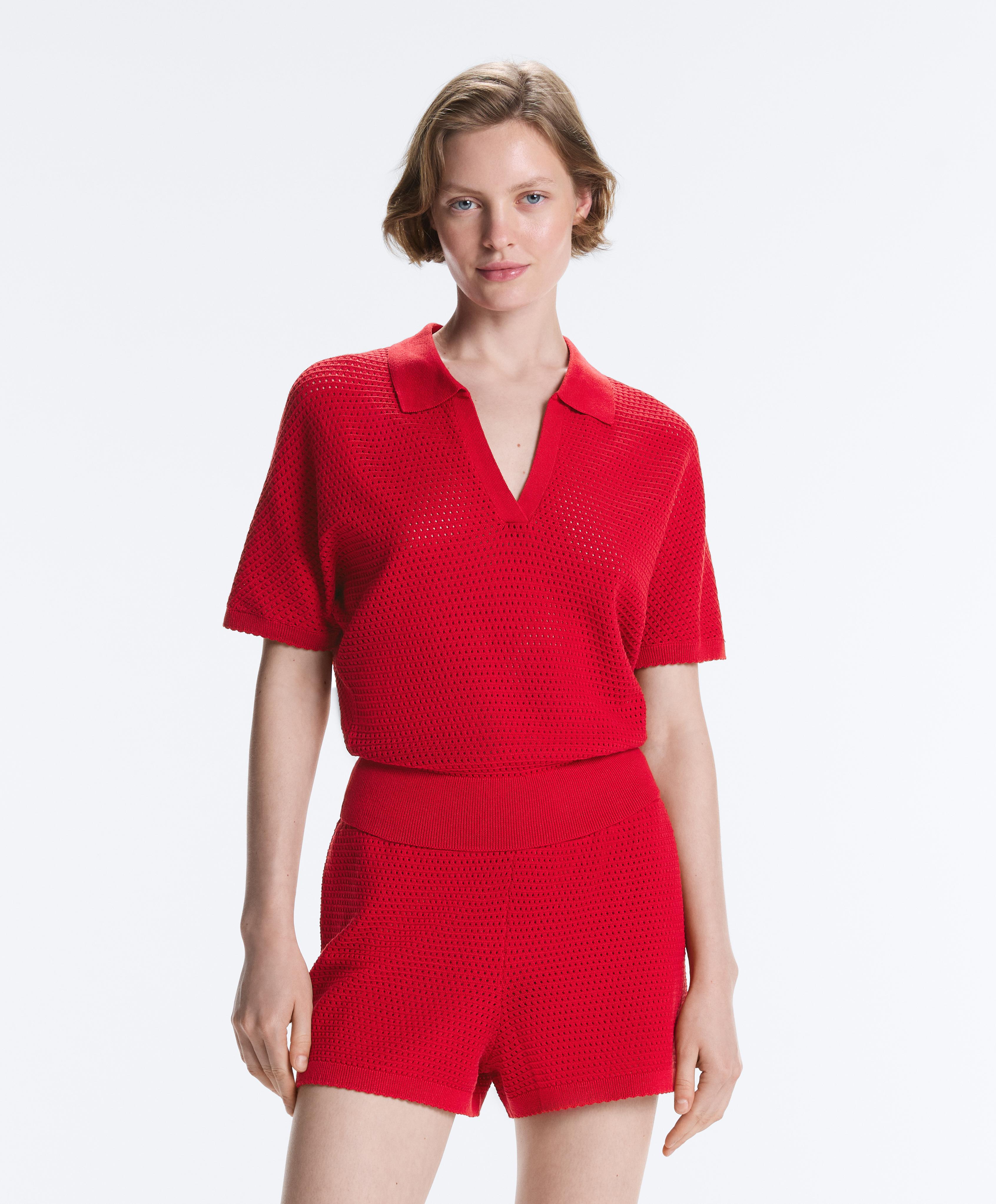 Cotton blend openwork knit polo — BRIGHT RED