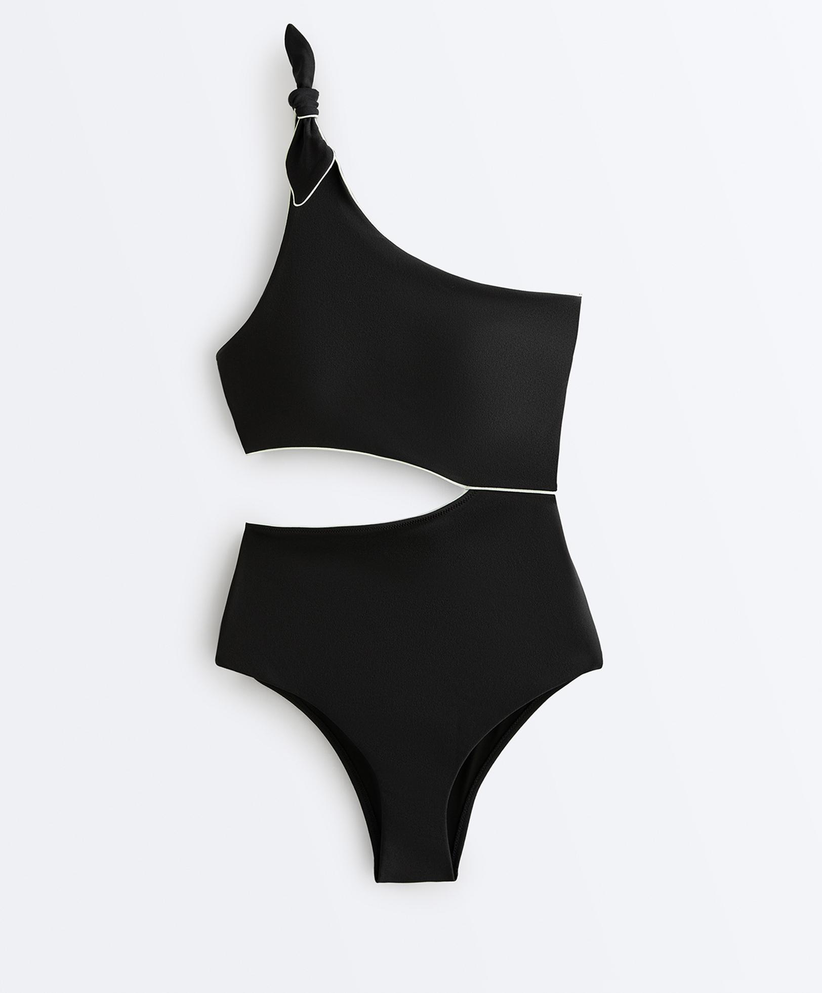 Asymmetric piping bow trikini — BLACK