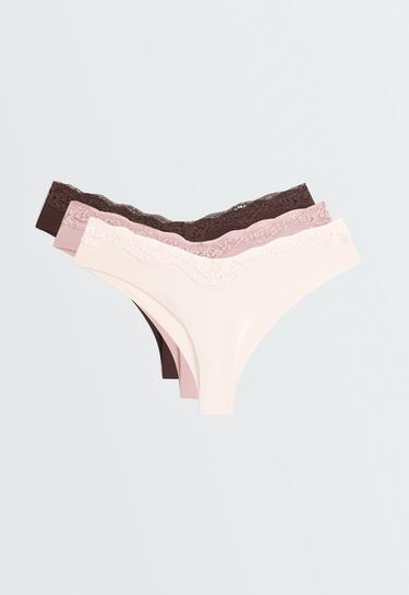 3 laser-cut polyamide blend lace Brazilian briefs — CHOCOLATE 1