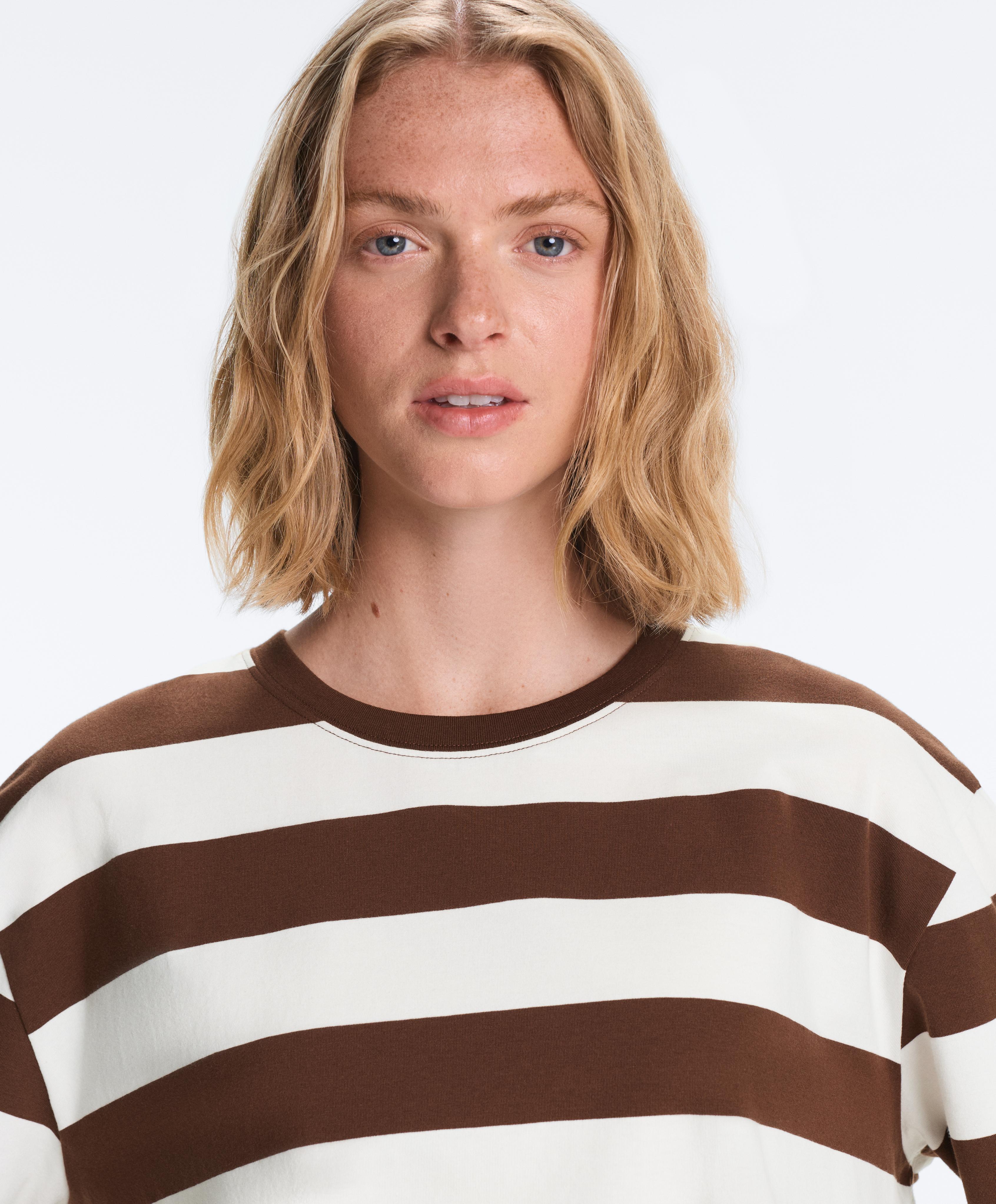 Striped boxy short-sleeve cotton blend T-shirt — DARK BROWN