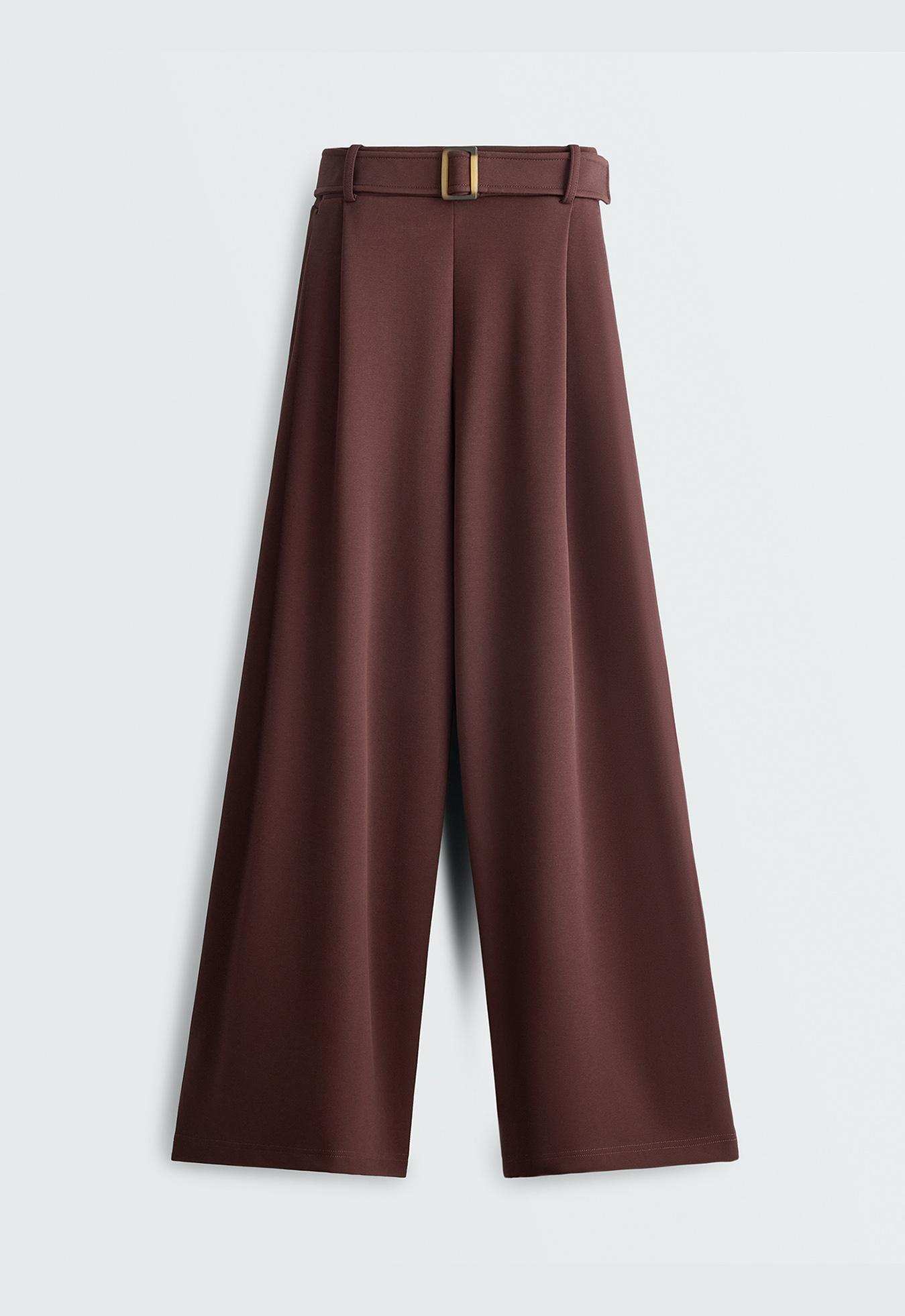 Wide-leg cotton piqué belted trousers — CHOCOLATE