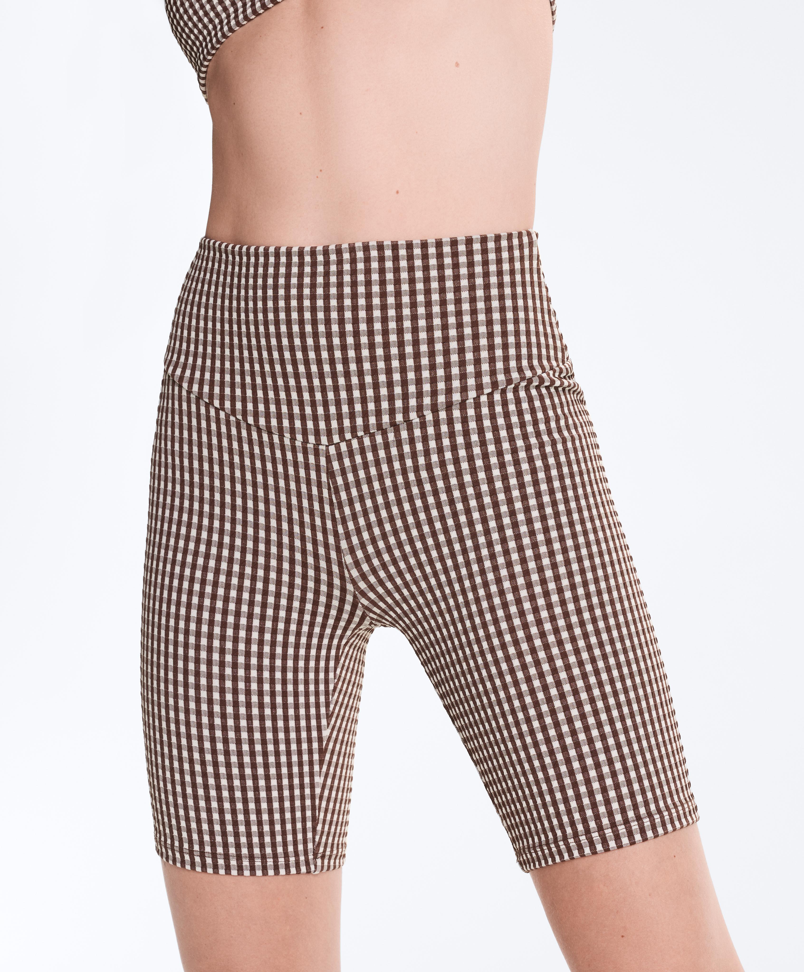 Comfortlux high-rise 20cm gingham biker leggings — DARK REDDISH‑BROWN
