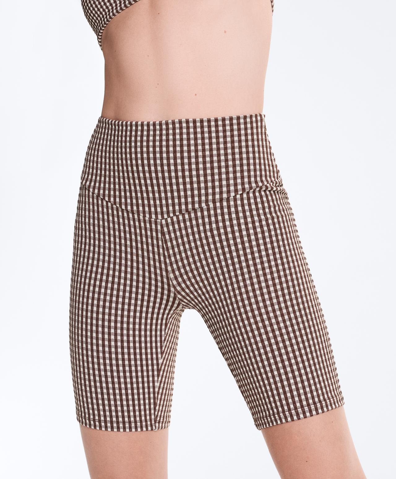 20cm high-rise Comfortlux gingham biker leggings — DARK REDDISH‑BROWN