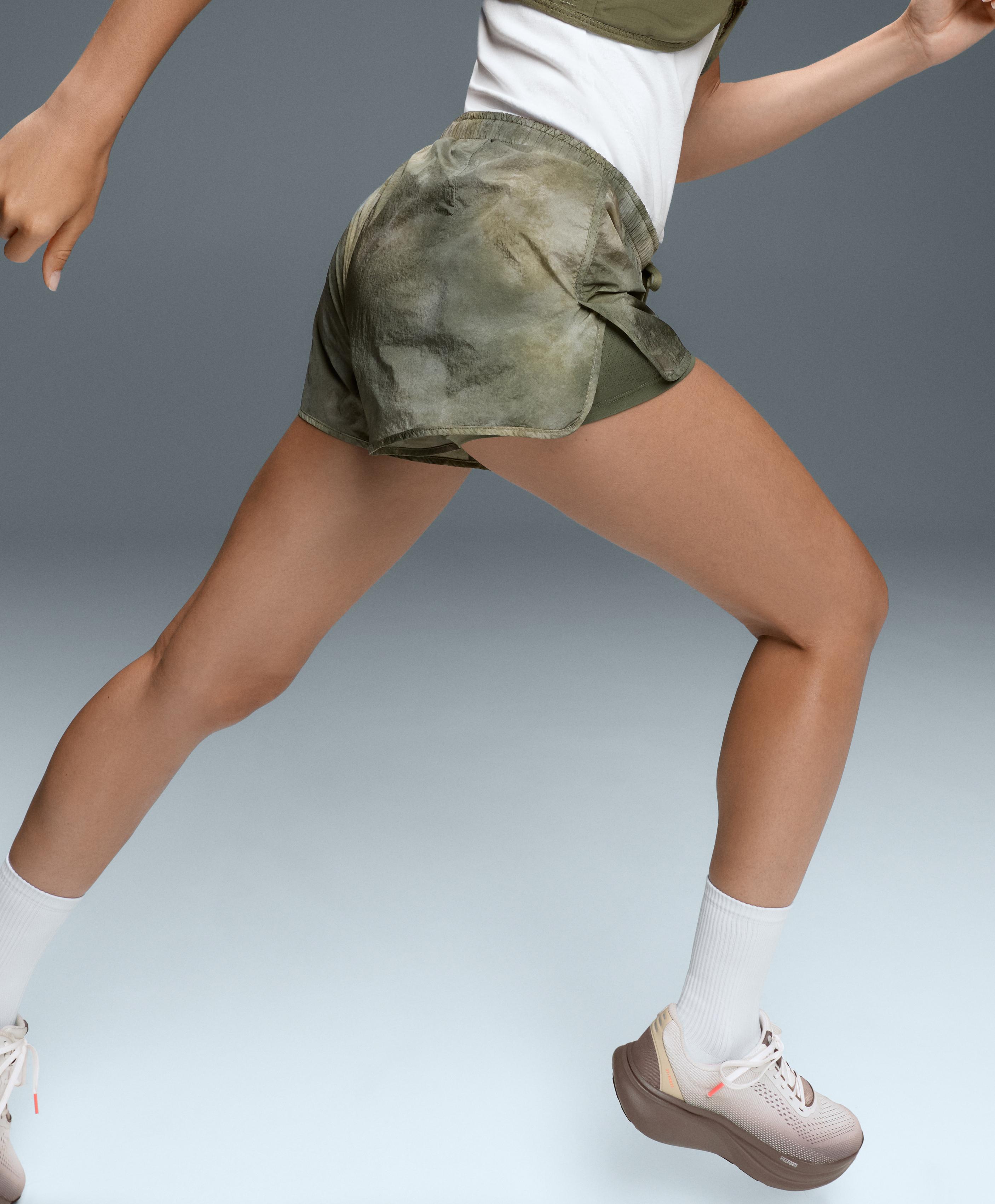 Printed mid rise 2-in-1 technical shorts — KHAKI