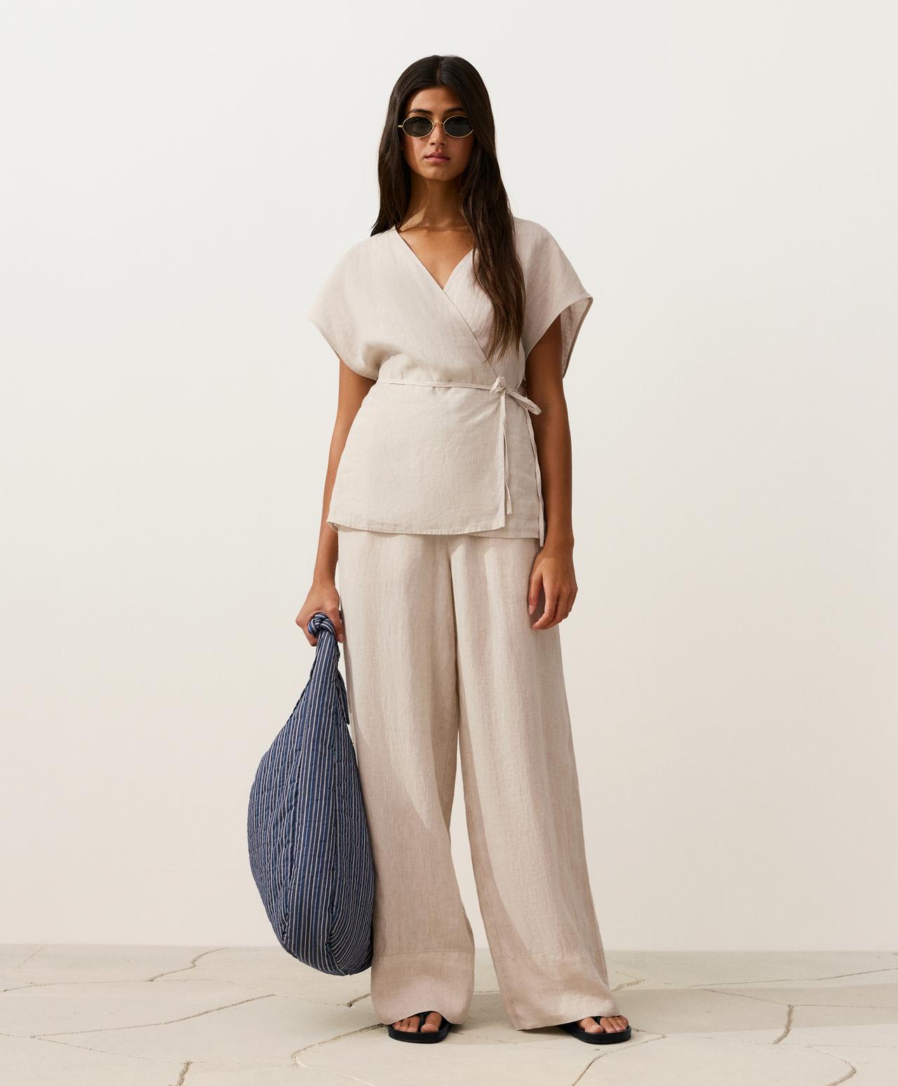 100% linen wrap shirt with tie — SAND MELANGE