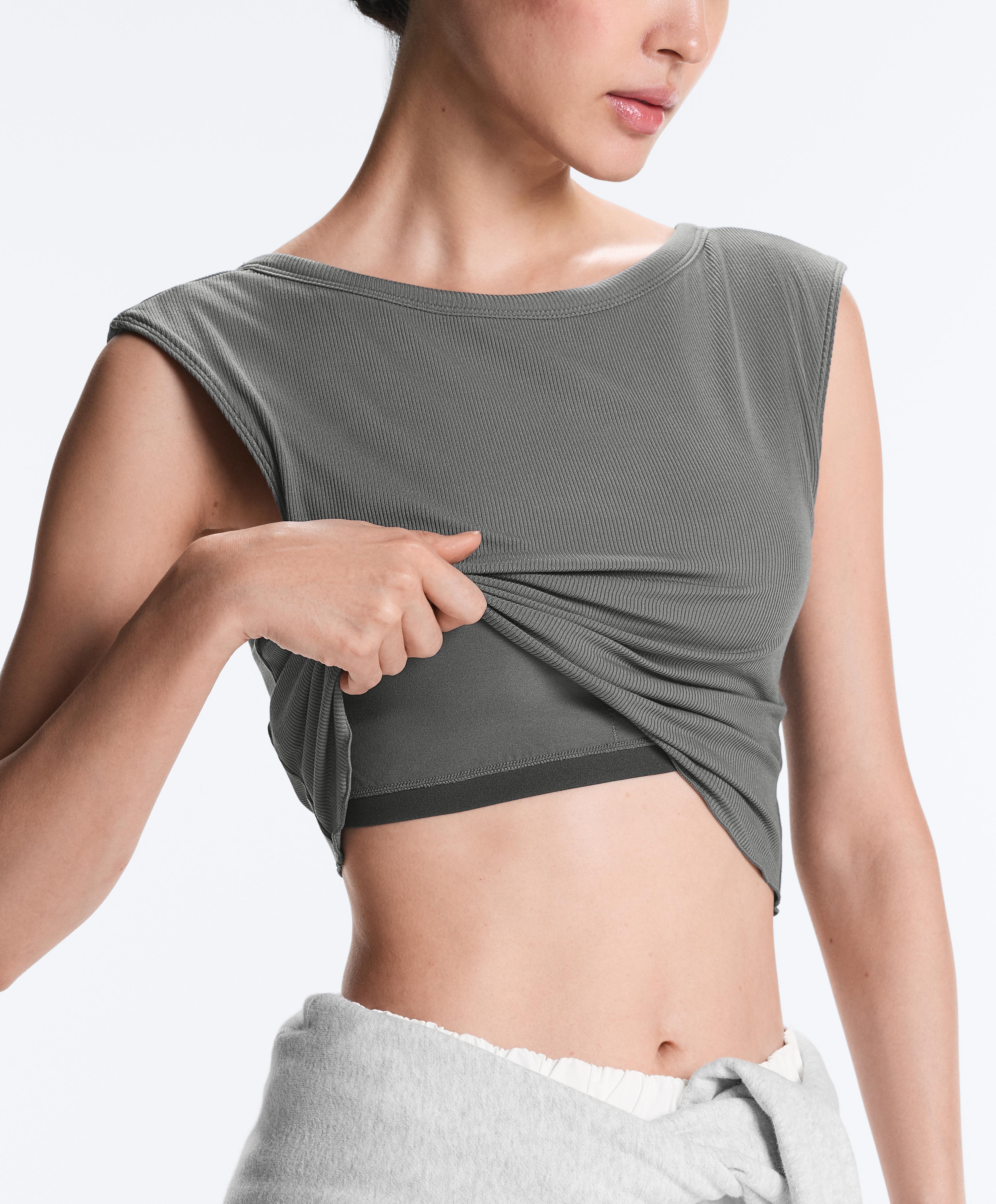 Rib modal blend short sleeve tank top with curling detail — MID GREY (alternate view)