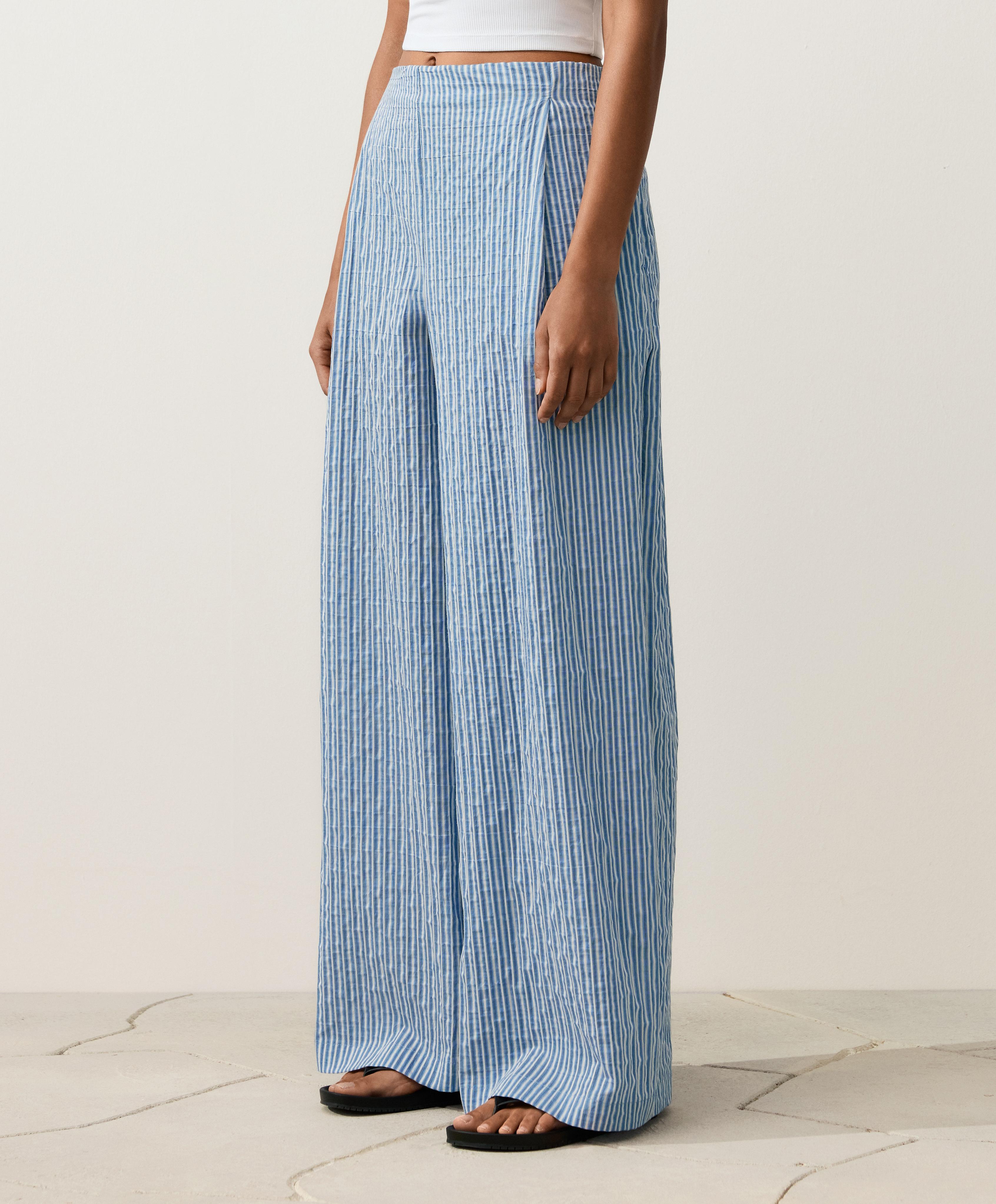 Cotton blend striped straight-leg trousers — MID-BLUE
