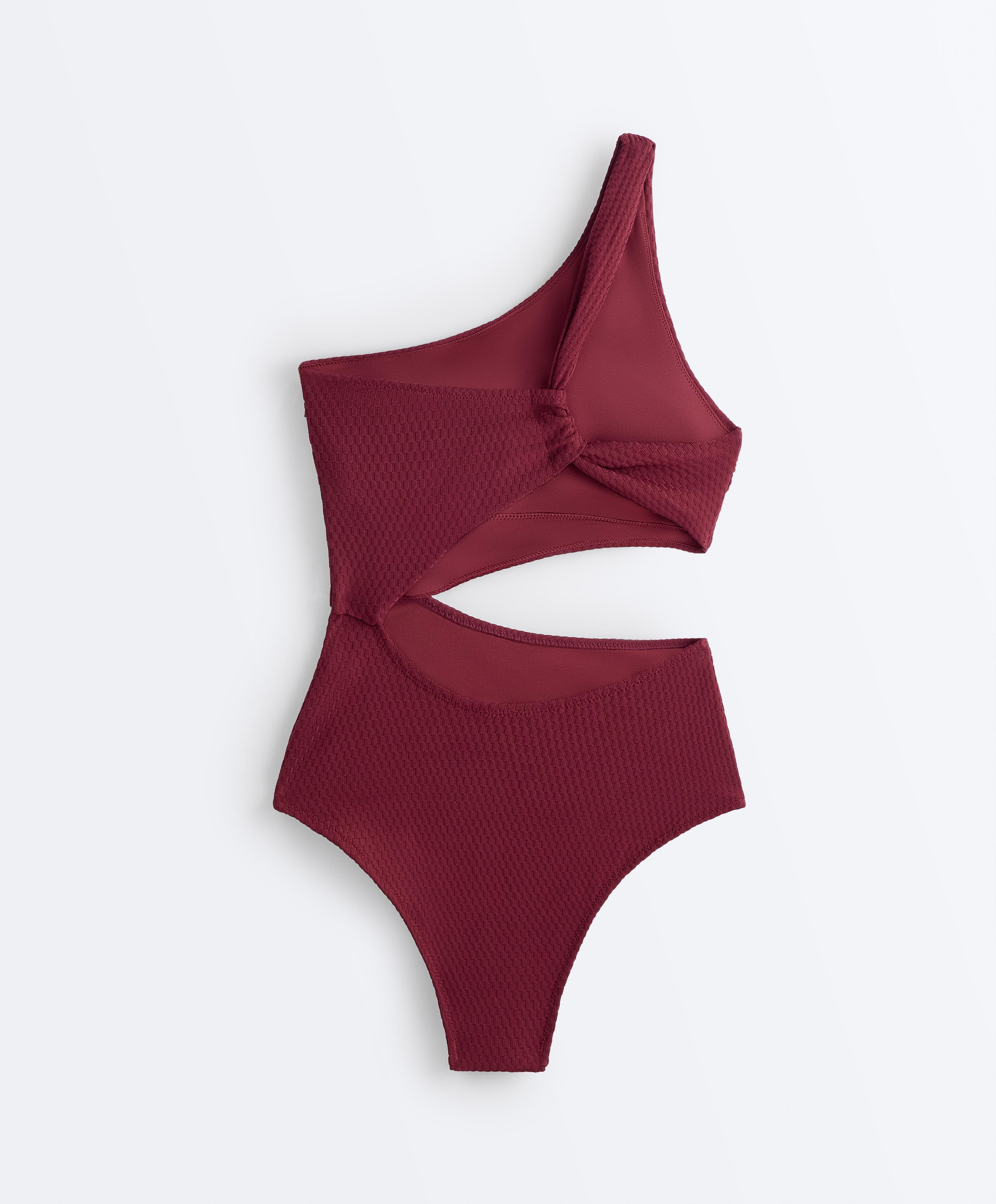 Mini check jacquard asymmetric trikini — CHERRY