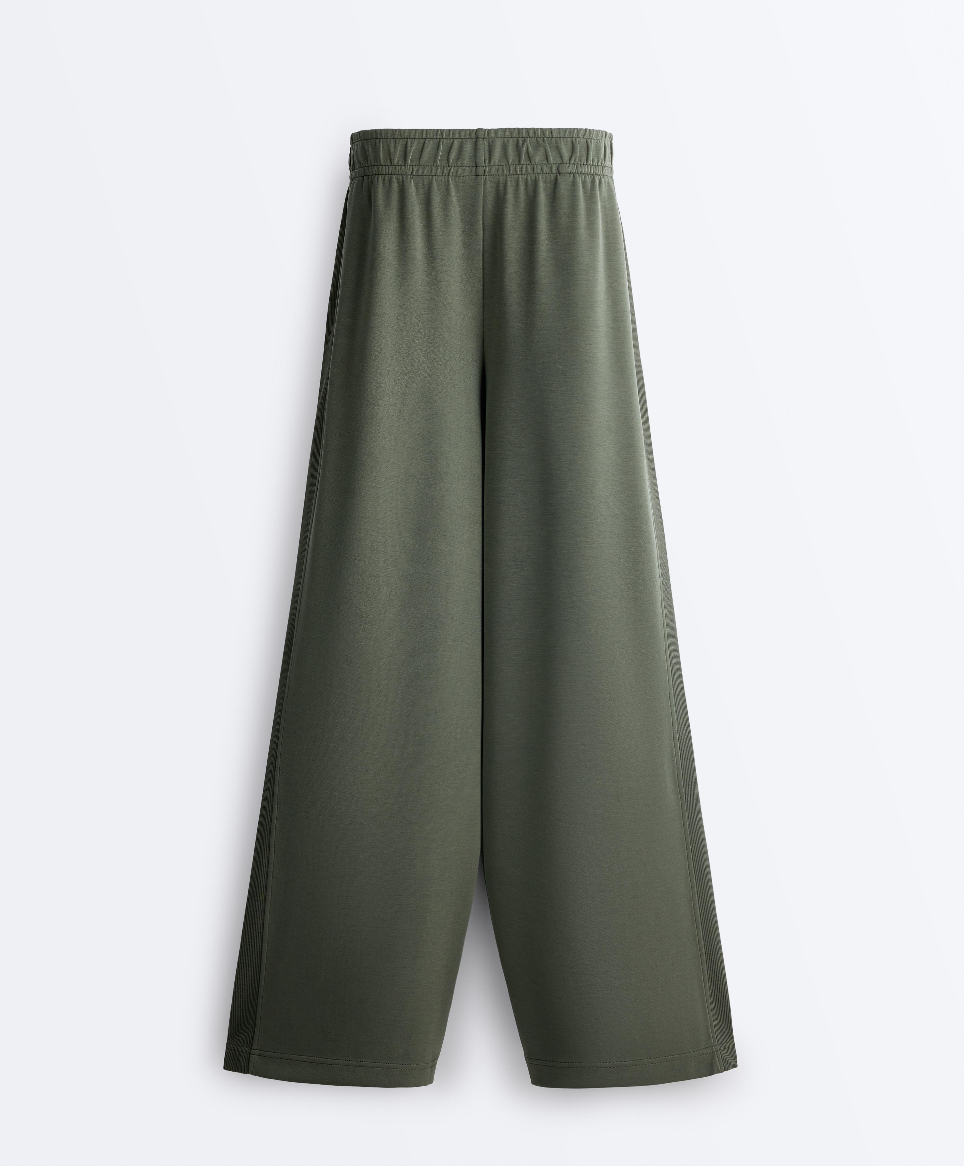 Soft-touch modal wide straight-leg rib trousers — KHAKI
