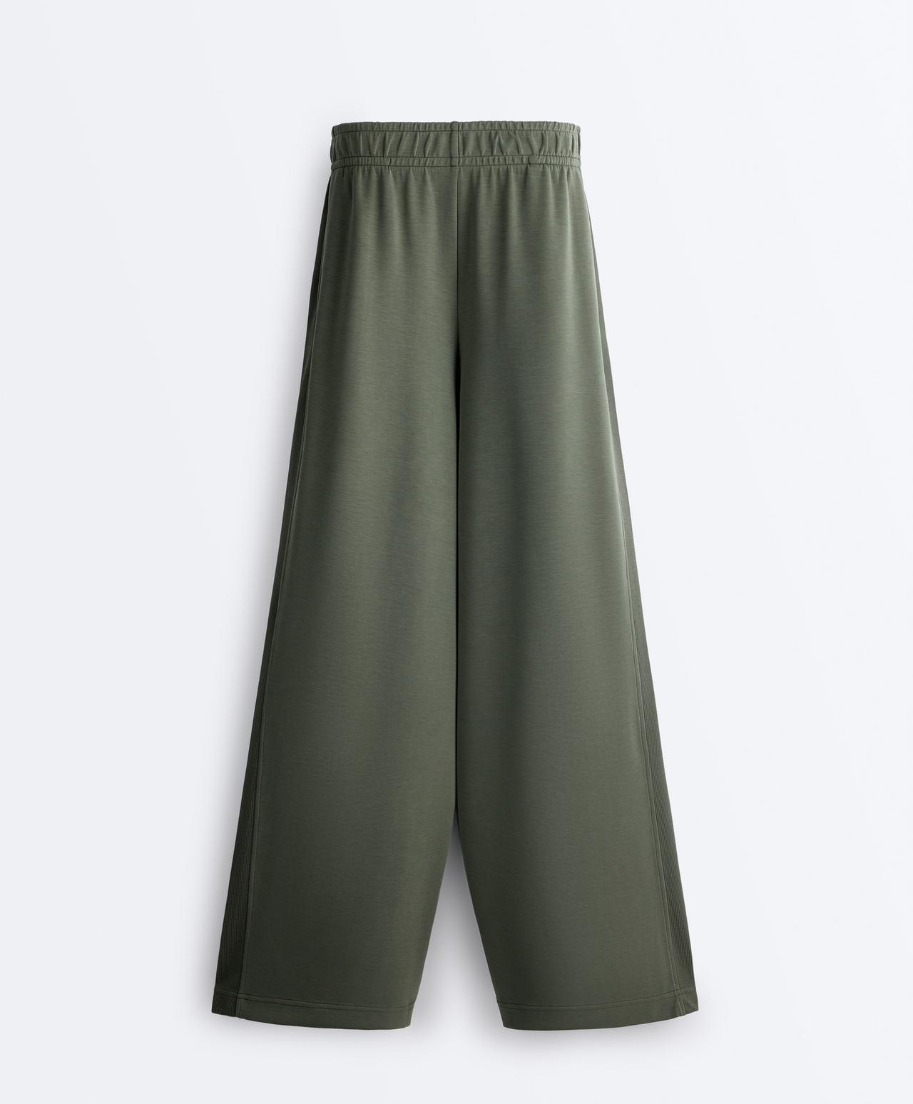 Soft-touch modal wide straight-leg rib trousers — KHAKI