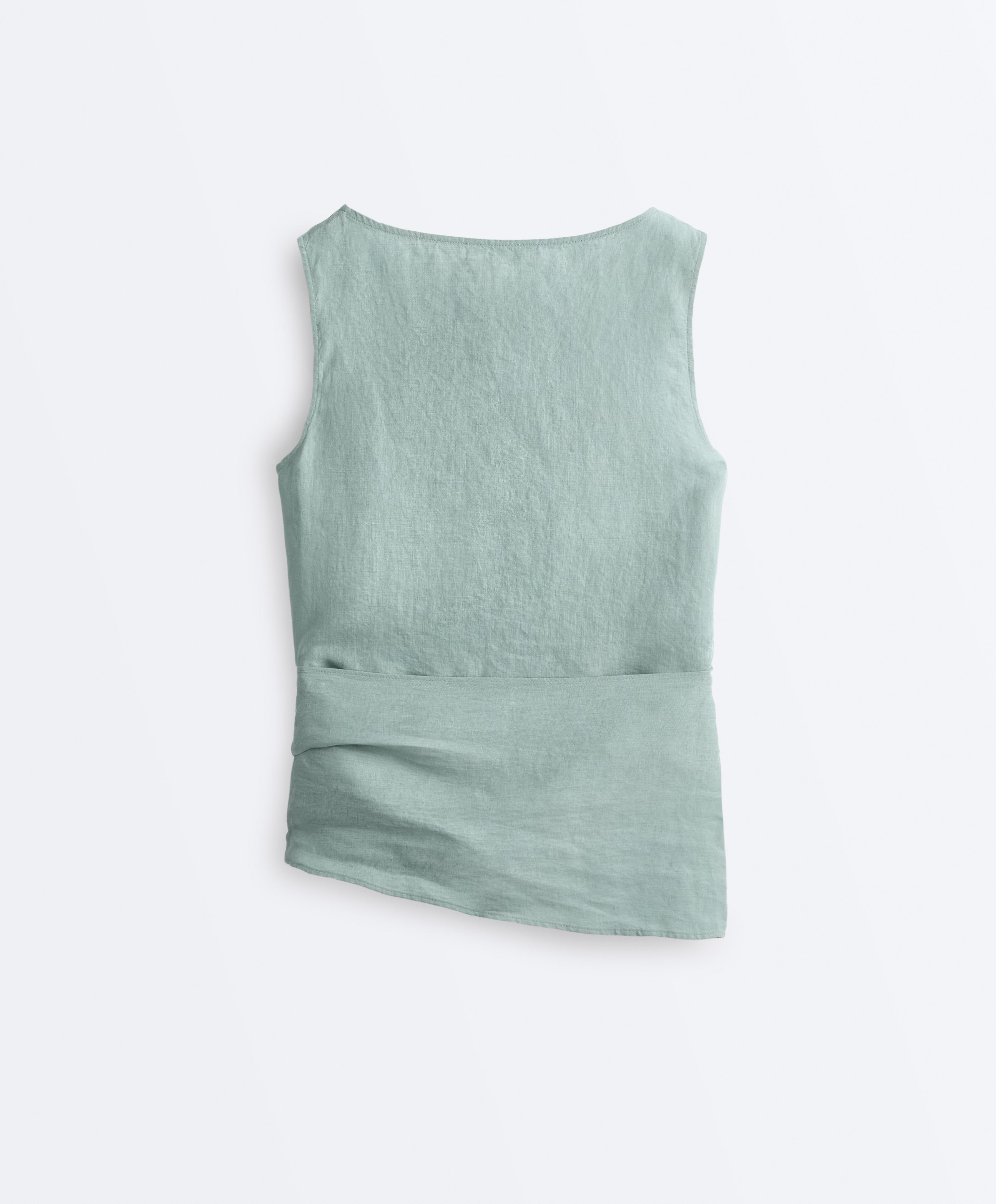 Sleeveless top with 100% linen scarf — AQUAMARINE