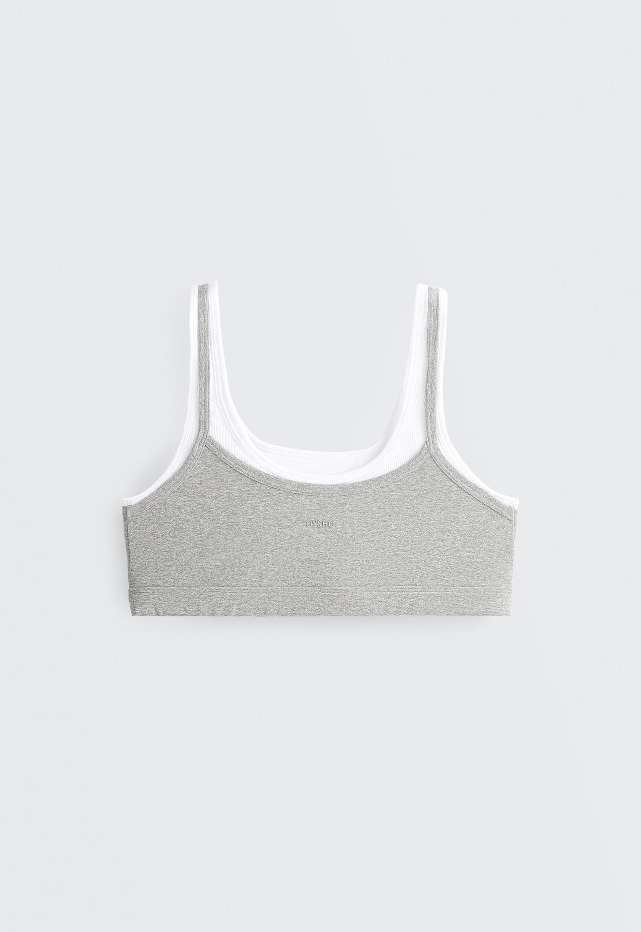 Medium-support ribbed heather sports bra with overlay — GREY MELANGE