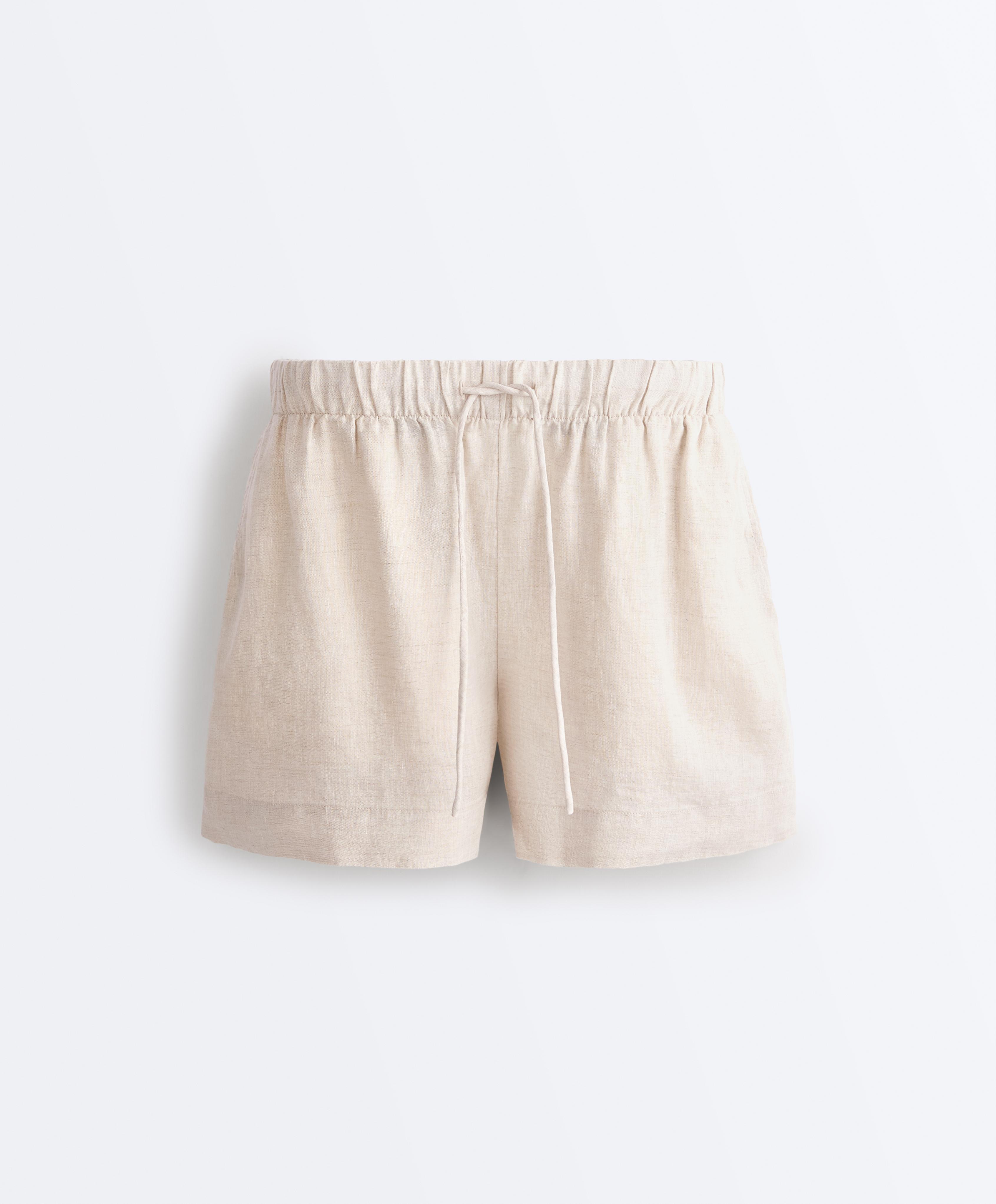 100% linen mid-rise shorts — SAND MELANGE